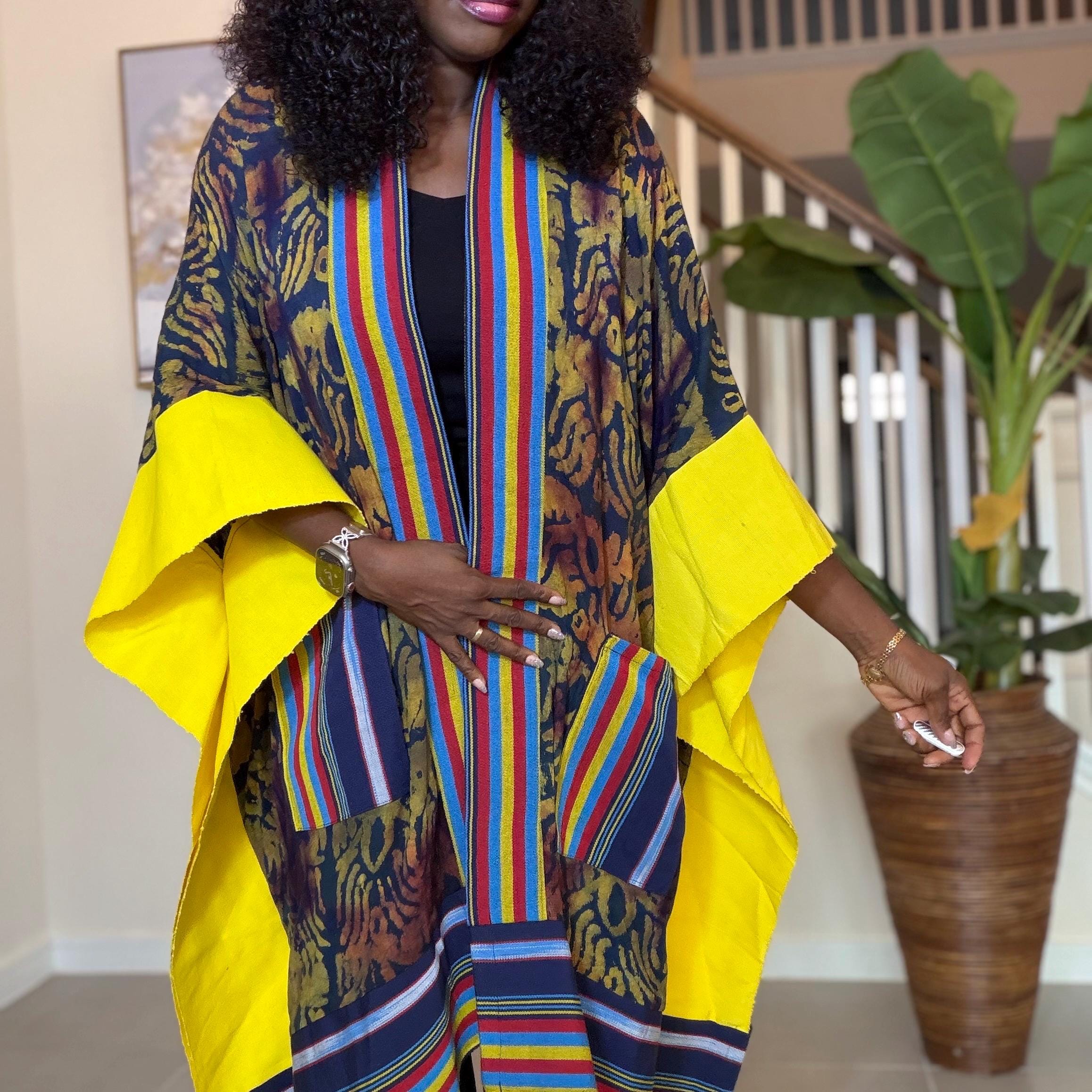 African Adire and Aso Oke Kimono | African jackets for women, African Kimono | African fashion | Handmade African Print Robe | Boho Nigerian
