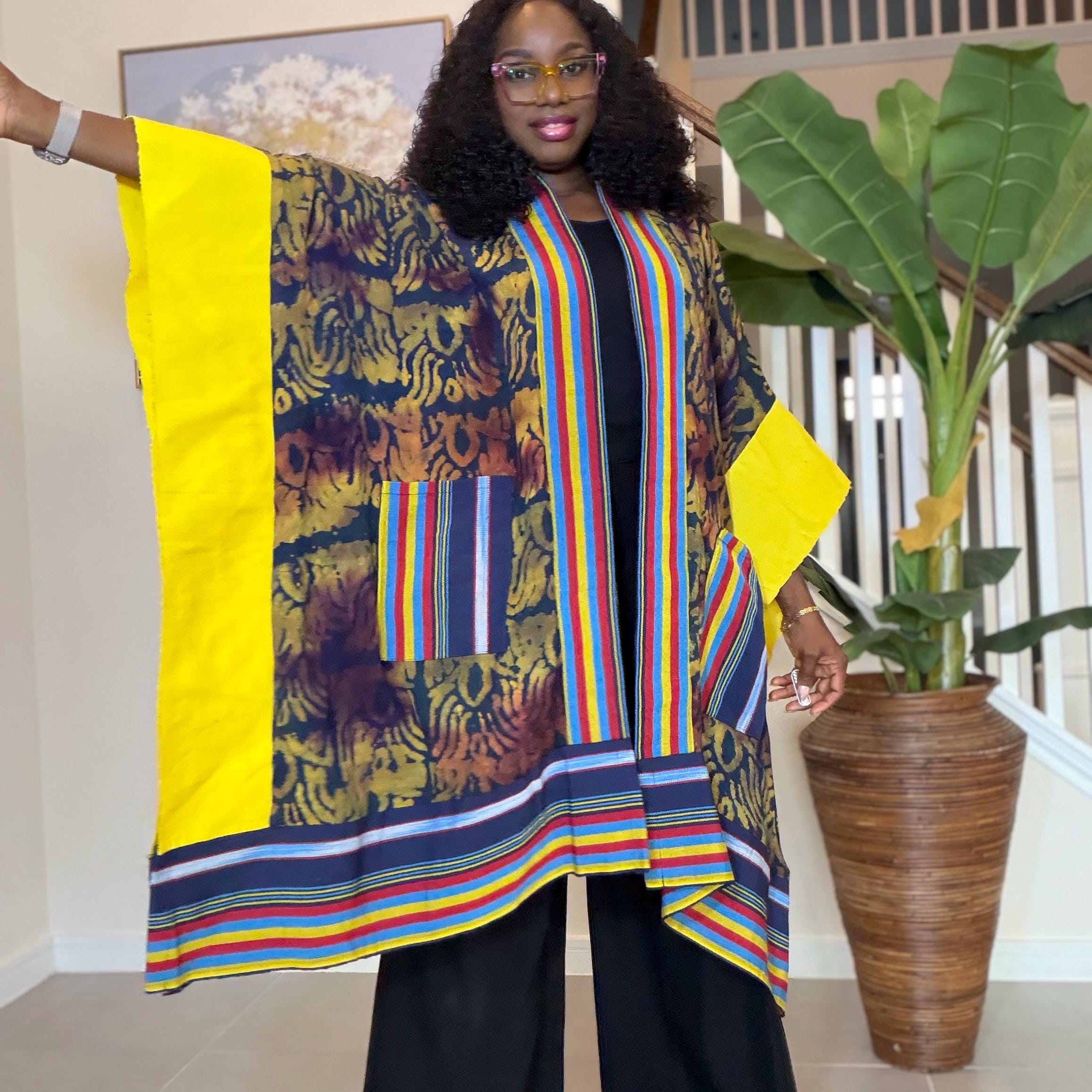 African Adire and Aso Oke Kimono | African jackets for women, African Kimono | African fashion | Handmade African Print Robe | Boho Nigerian