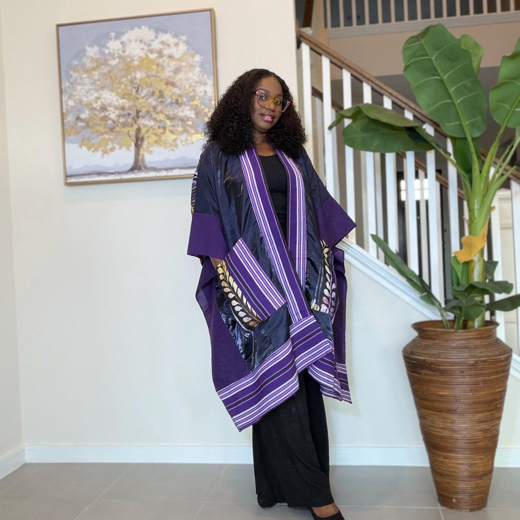 Handmade African Print Kimono: Adire Aso Oke Robe