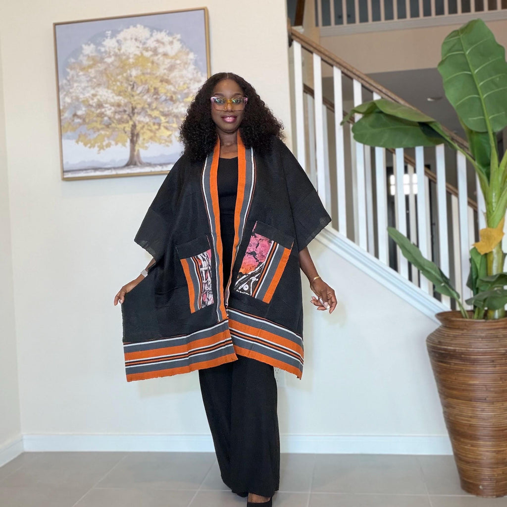 Handmade African Print Kimono: Adire Aso Oke Robe