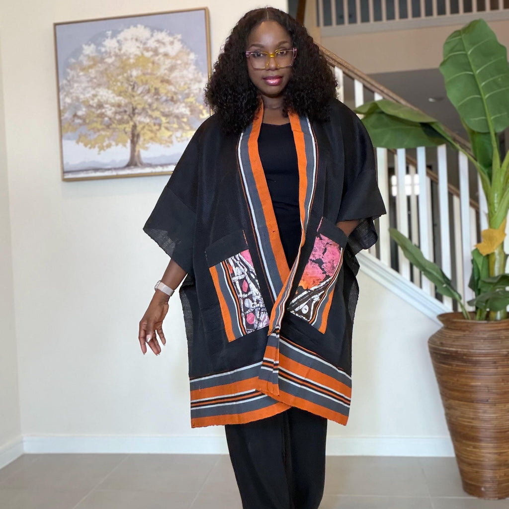Handmade African Print Kimono: Adire Aso Oke Robe
