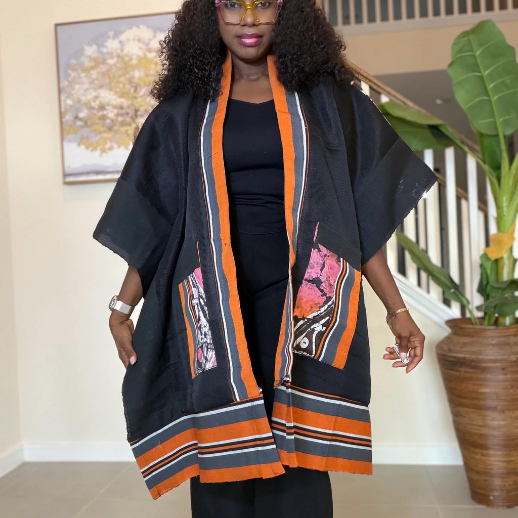 Handmade African Print Kimono: Adire Aso Oke Robe