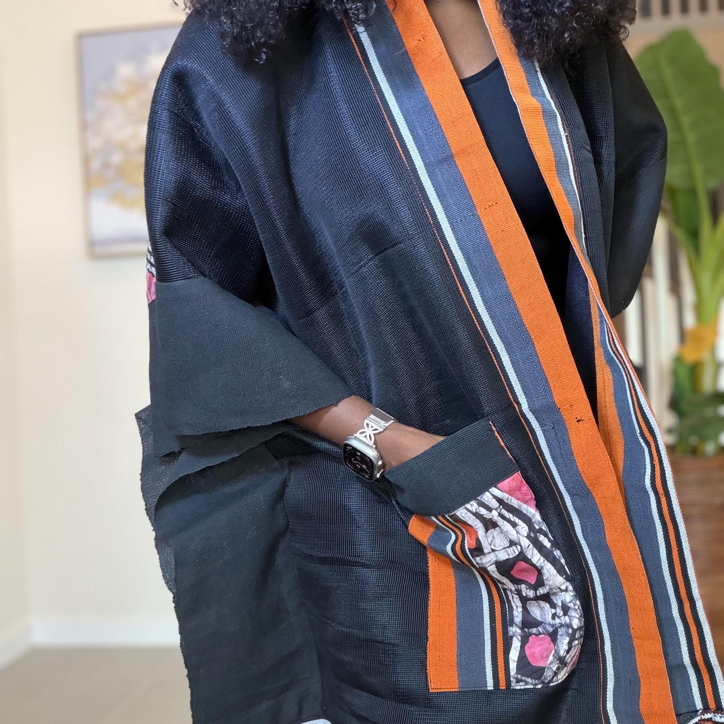 Handmade African Print Kimono: Adire Aso Oke Robe