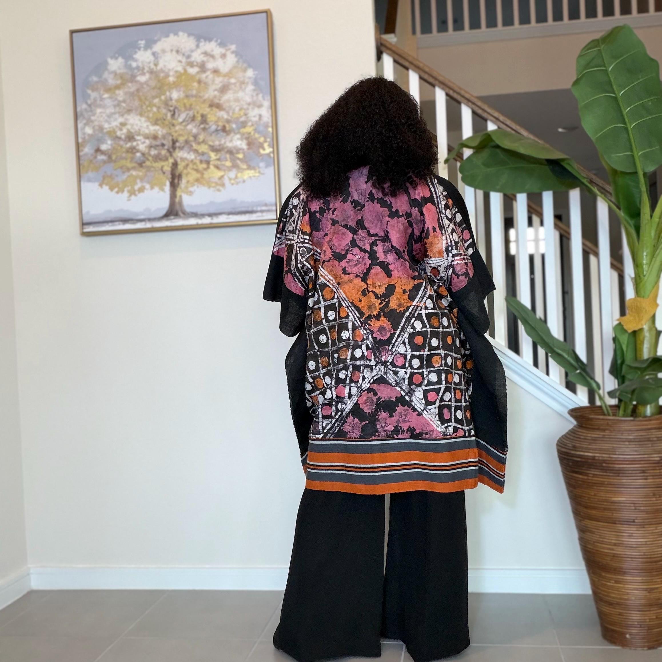Handmade African Print Kimono: Adire Aso Oke Robe