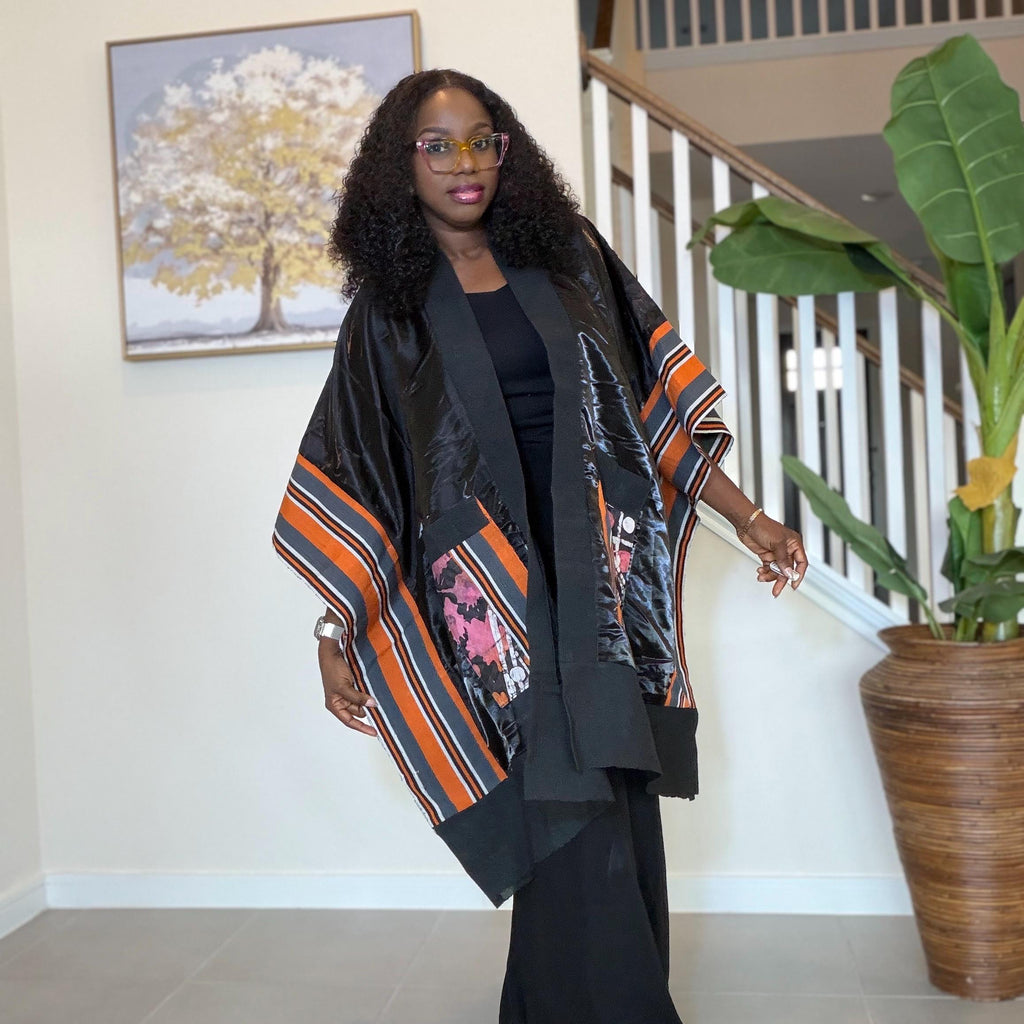 Handmade African Print Kimono: Adire Aso Oke Robe