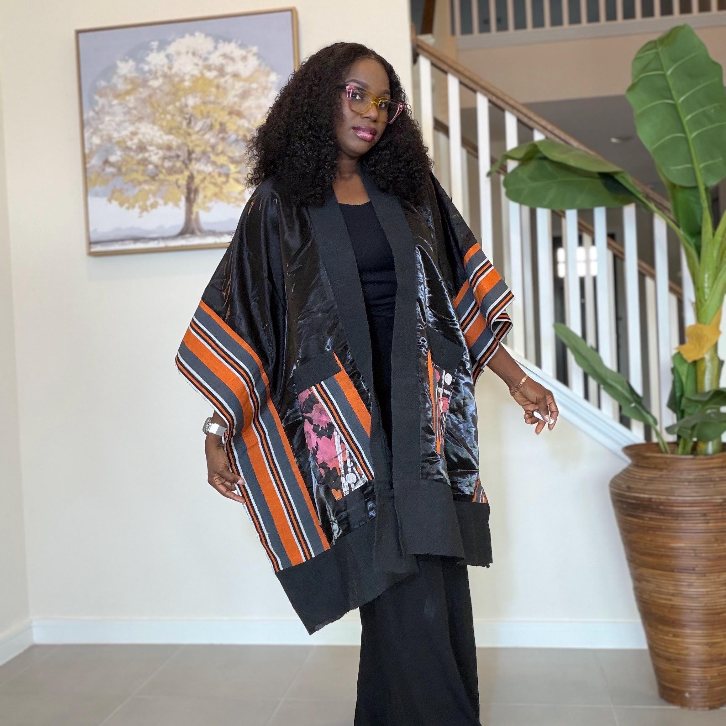 Handmade African Print Kimono: Adire Aso Oke Robe