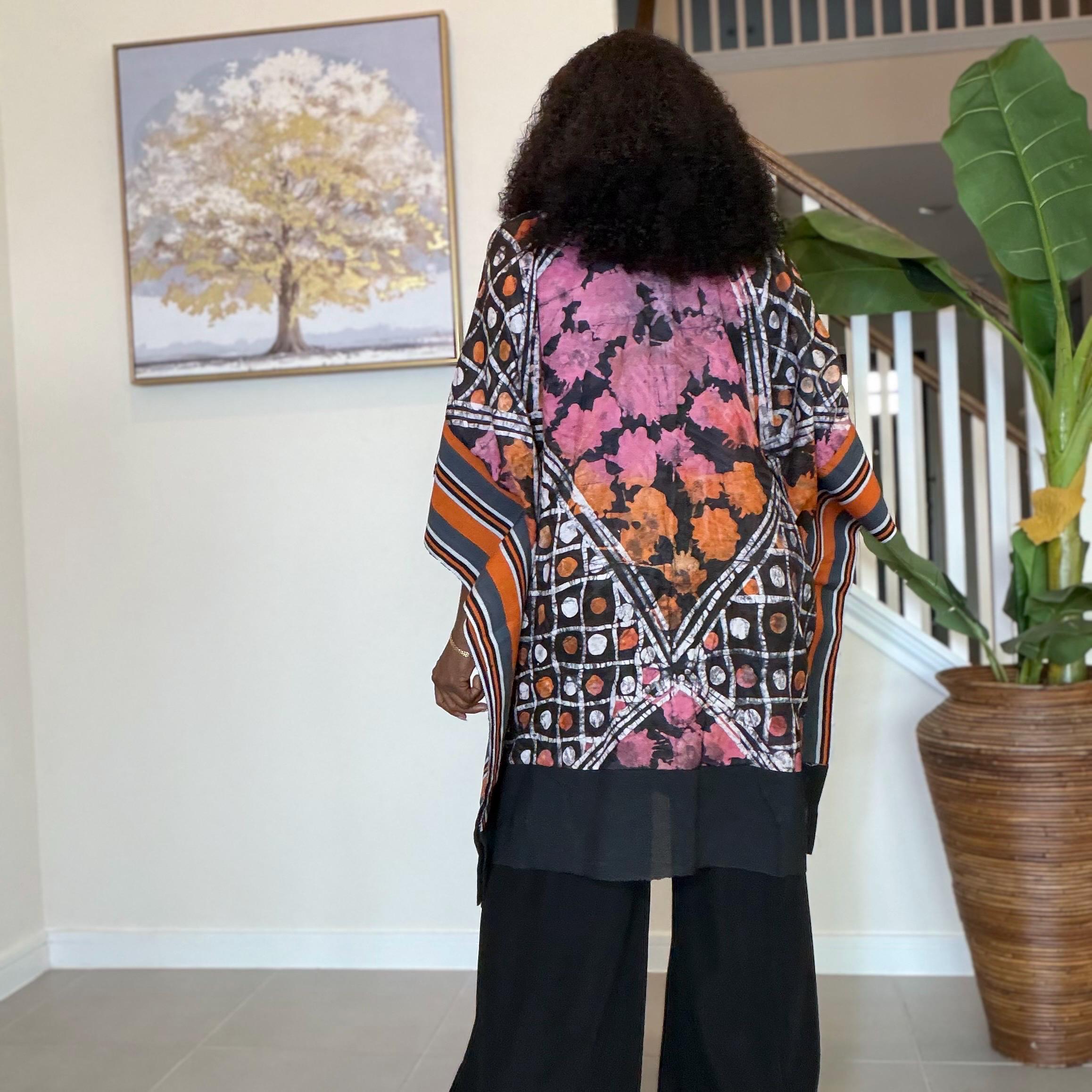 Handmade African Print Kimono: Adire Aso Oke Robe