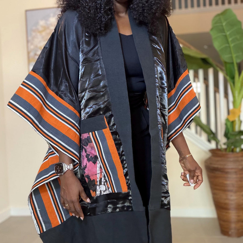 Handmade African Print Kimono: Adire Aso Oke Robe