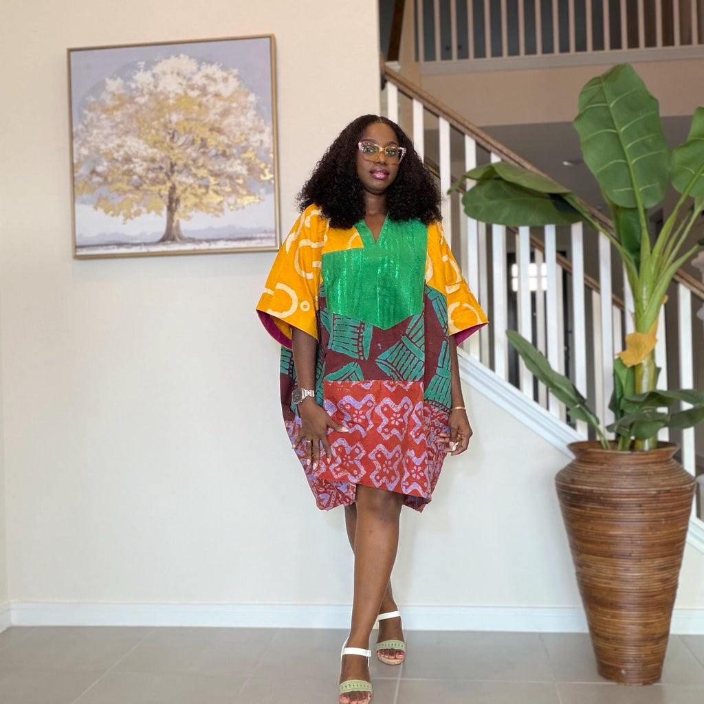 Patchwork Adire Dress: African Print Kaftan, Boho Summer Short Dress