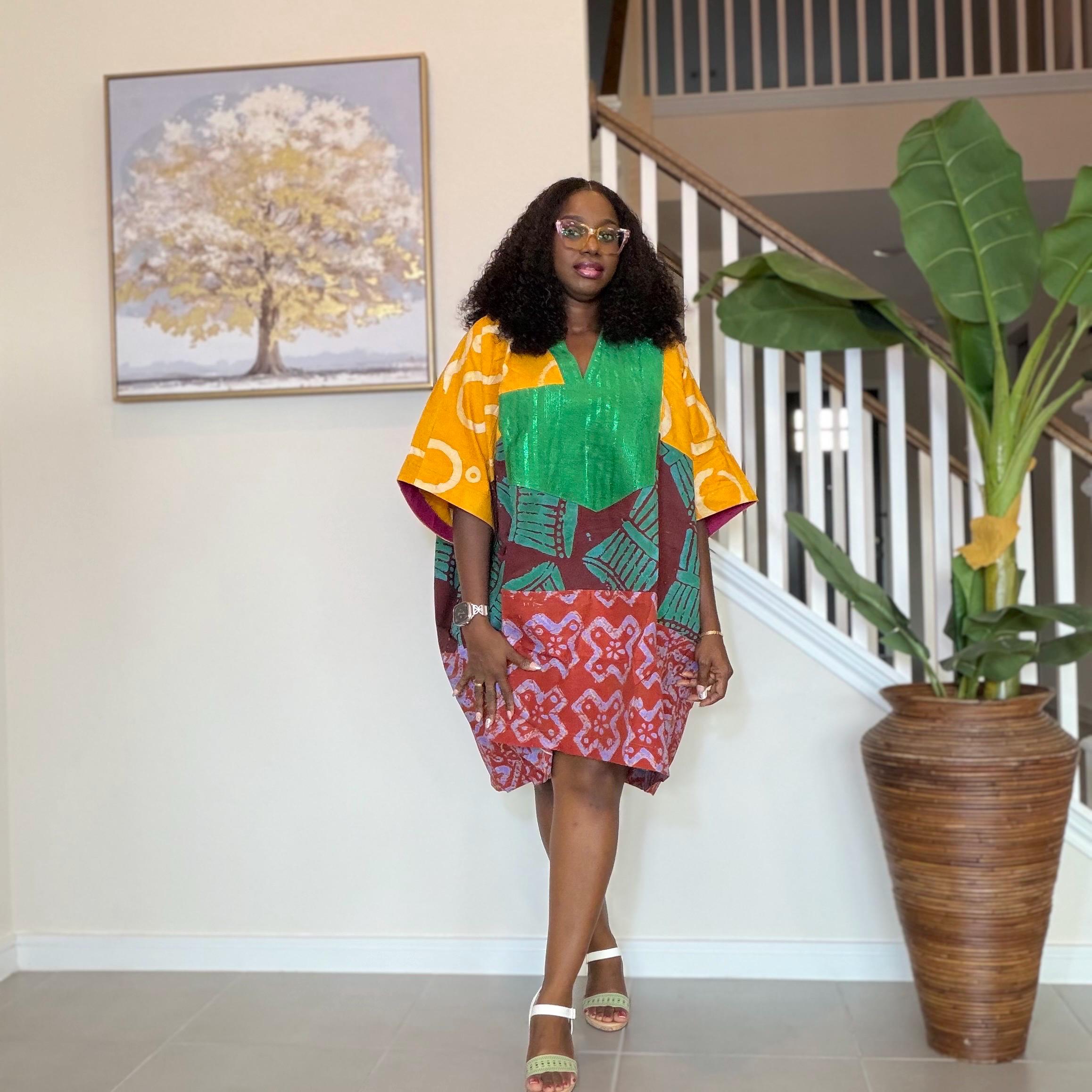 Patchwork Adire Dress: African Print Kaftan, Boho Summer Short Dress