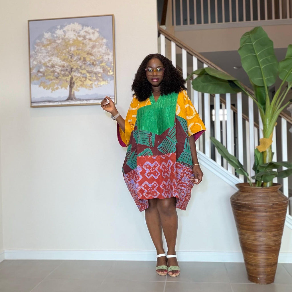 Patchwork Adire Dress: African Print Kaftan, Boho Summer Short Dress