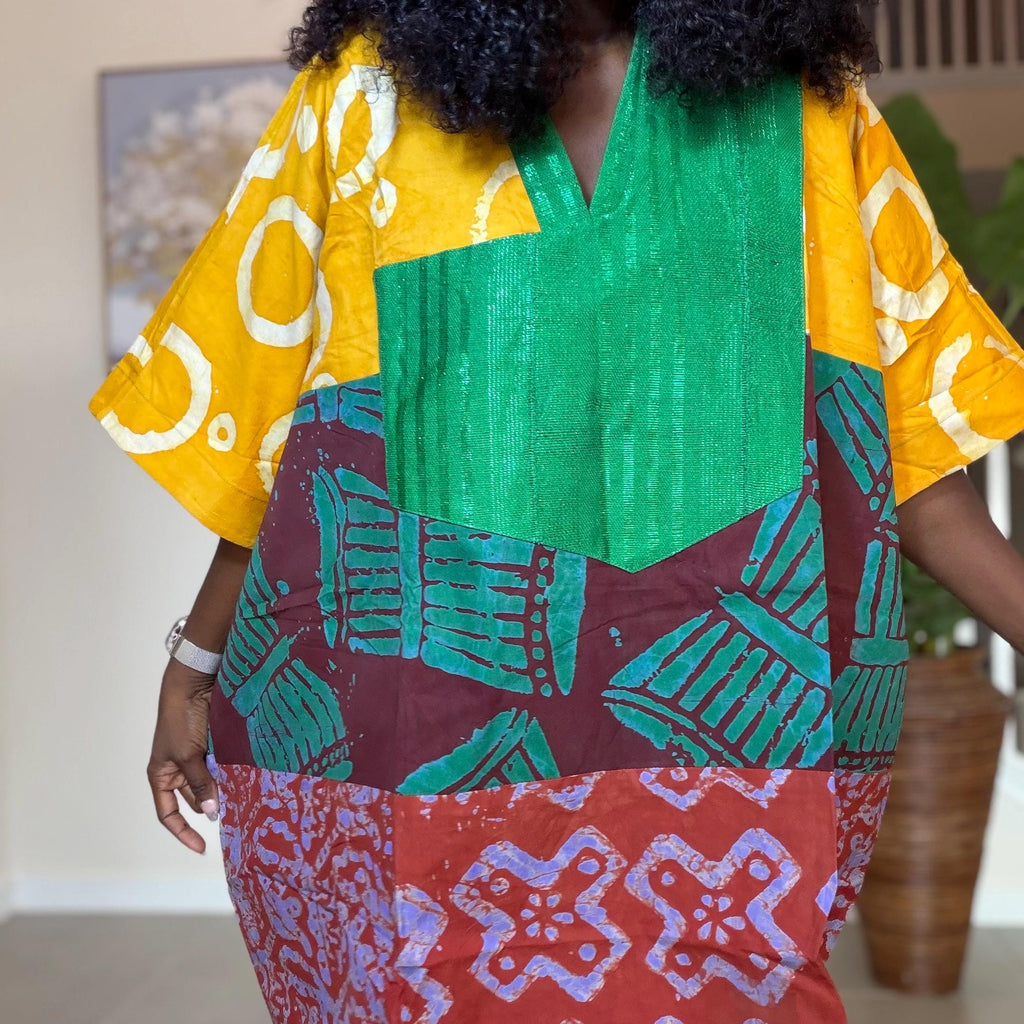 Patchwork Adire Dress: African Print Kaftan, Boho Summer Short Dress
