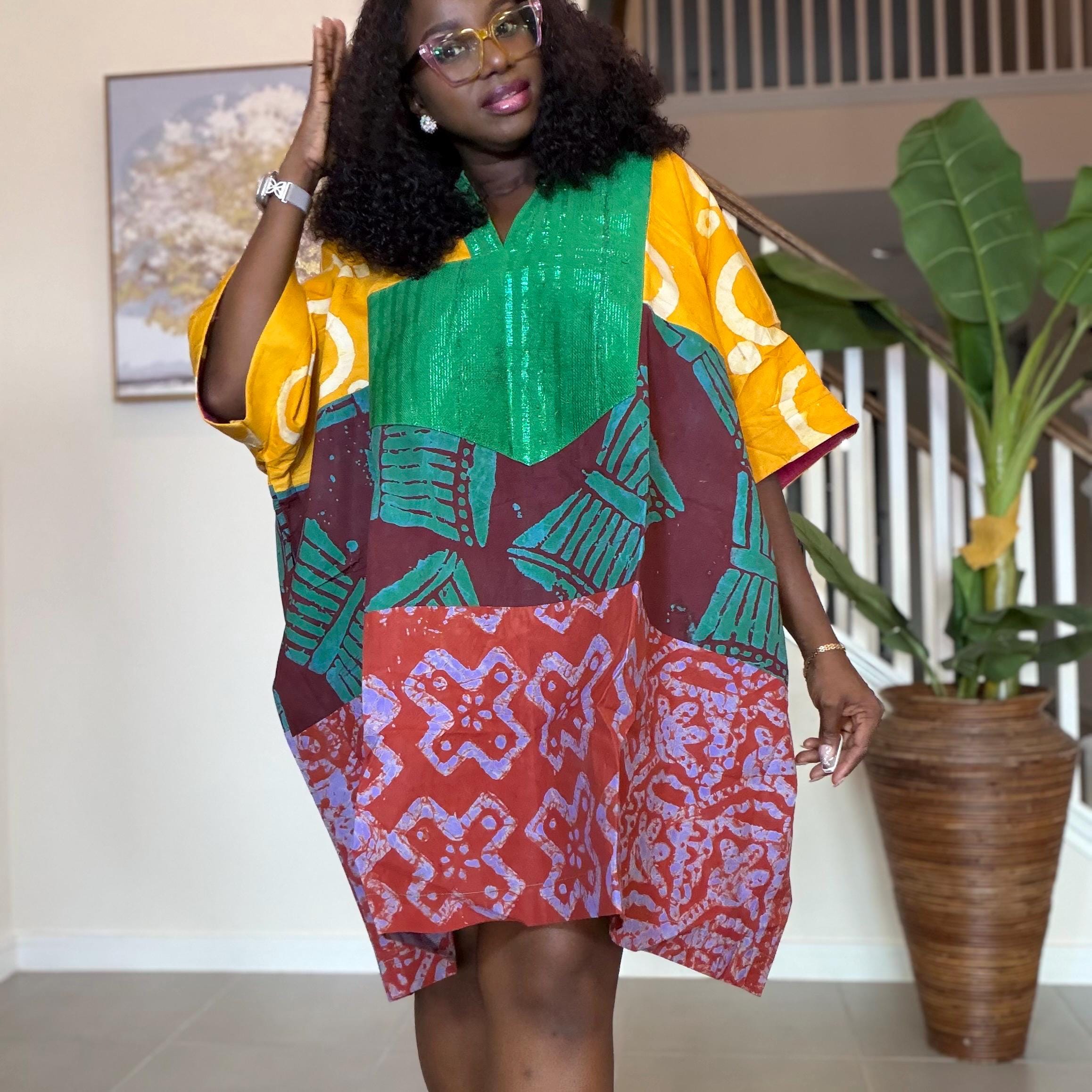 Patchwork Adire Dress: African Print Kaftan, Boho Summer Short Dress