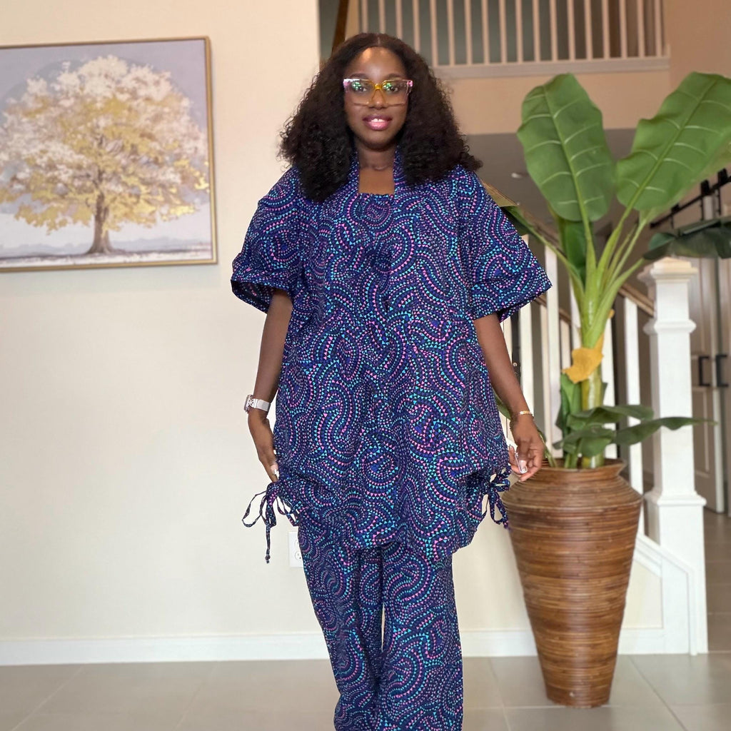 Ankara Pants Set | Blue Tribal Kimono Jacket, Top & Trousers