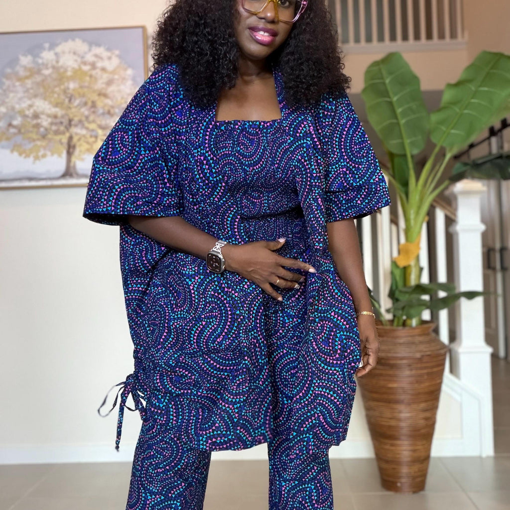 Ankara Pants Set | Blue Tribal Kimono Jacket, Top & Trousers