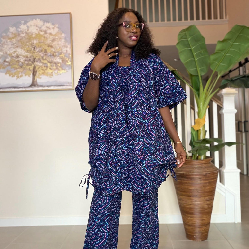 Ankara Pants Set | Blue Tribal Kimono Jacket, Top & Trousers