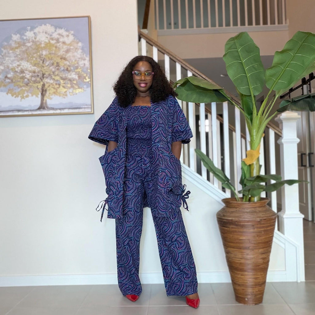 Ankara Pants Set | Blue Tribal Kimono Jacket, Top & Trousers