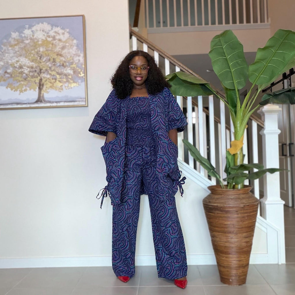 Ankara Pants Set | Blue Tribal Kimono Jacket, Top & Trousers