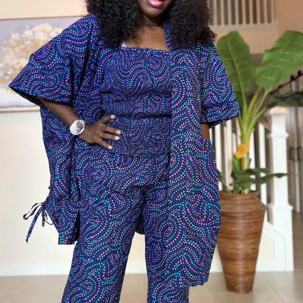 Ankara Pants Set | Blue Tribal Kimono Jacket, Top & Trousers