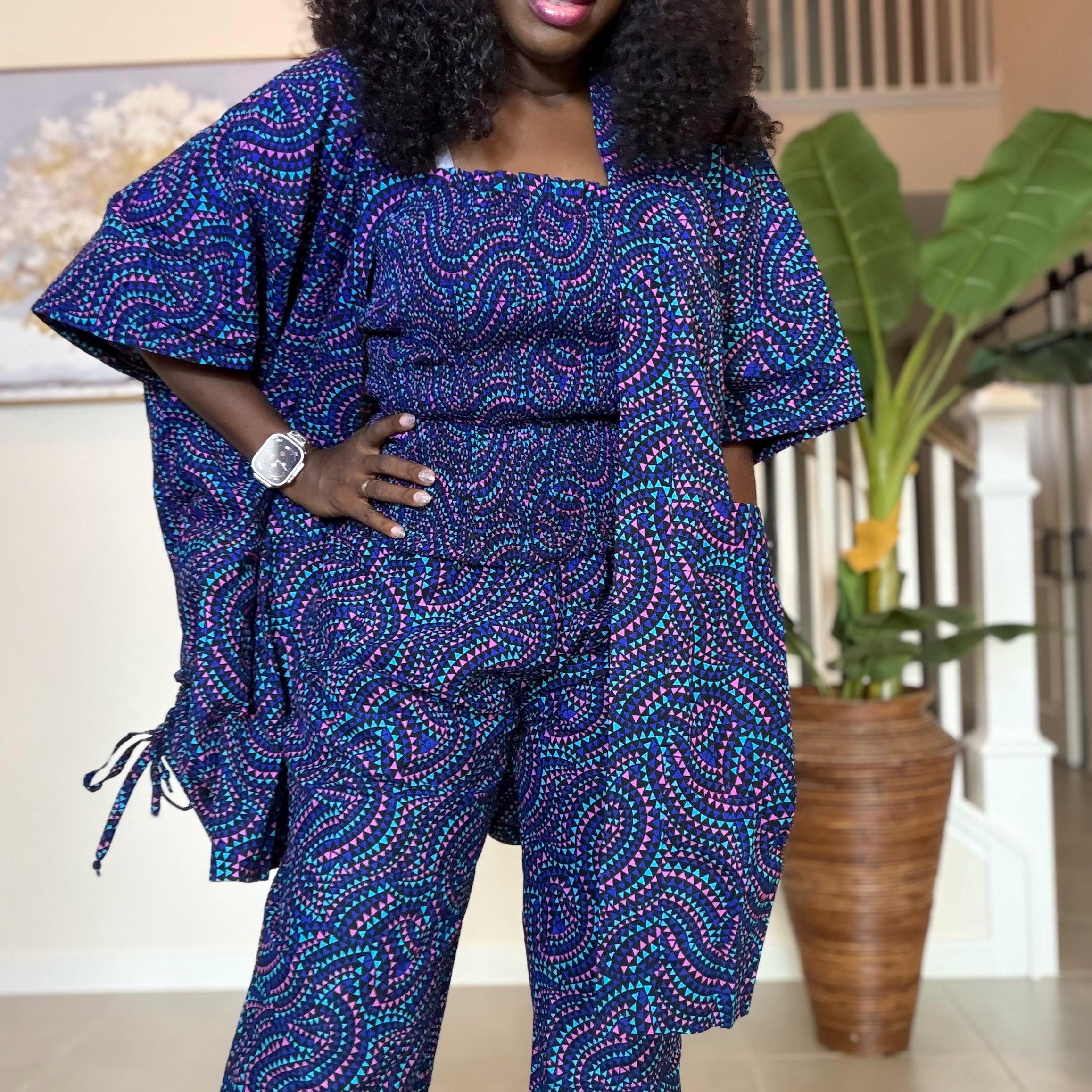Ankara Pants Set | Blue Tribal Kimono Jacket, Top & Trousers