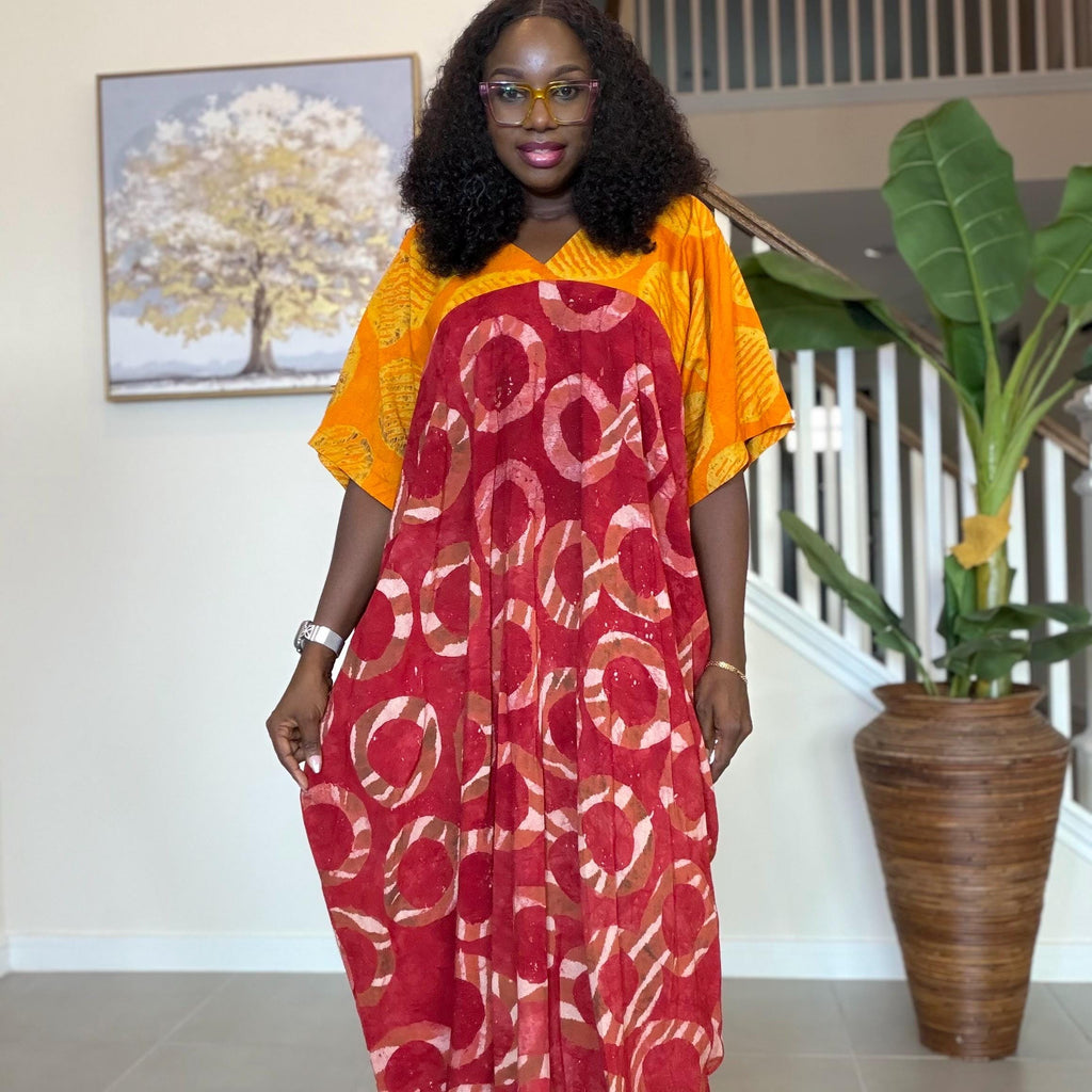 African Kaftan Dress, Red Yellow Adire Batik, Loose Boubou Gown