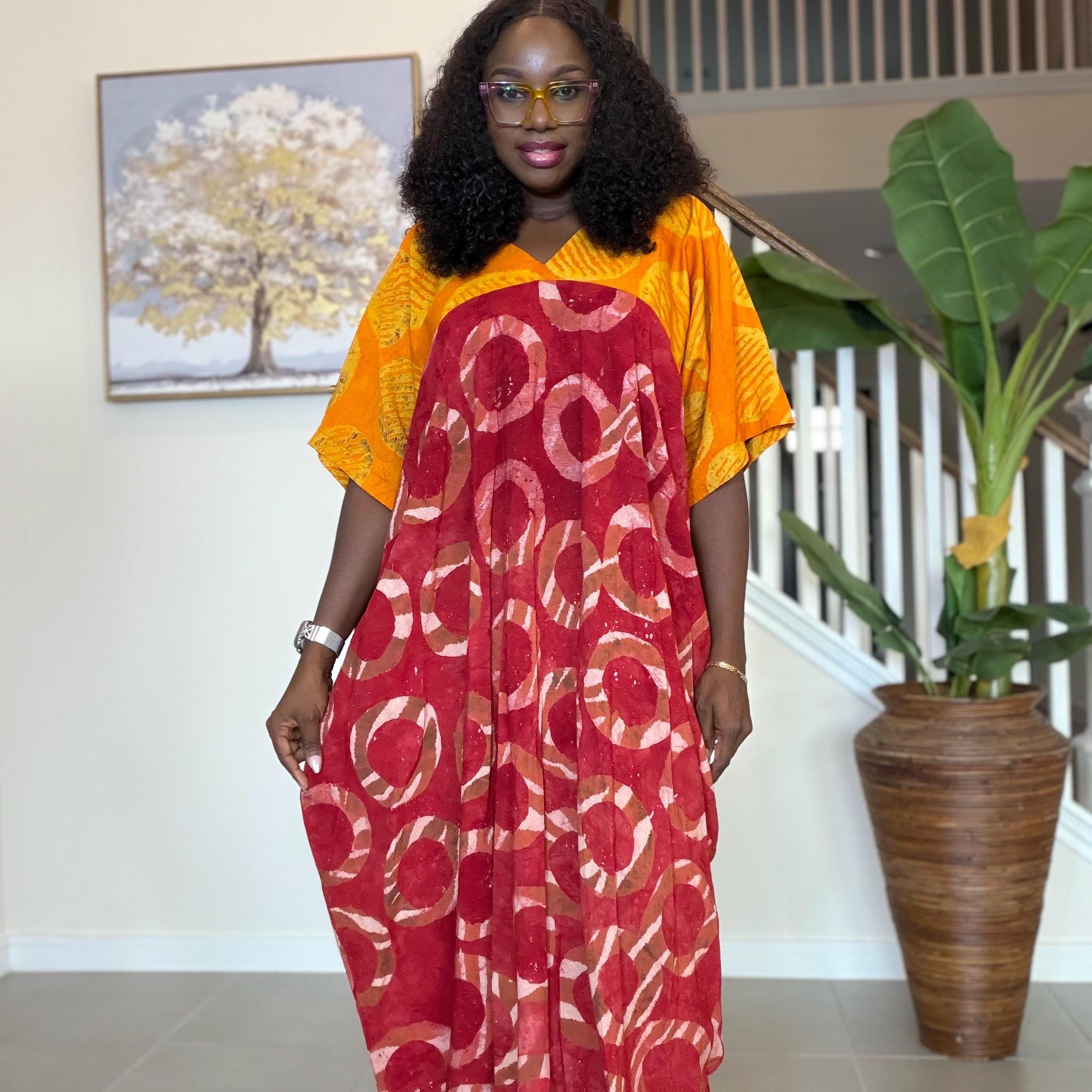 African Kaftan Dress, Red Yellow Adire Batik, Loose Boubou Gown