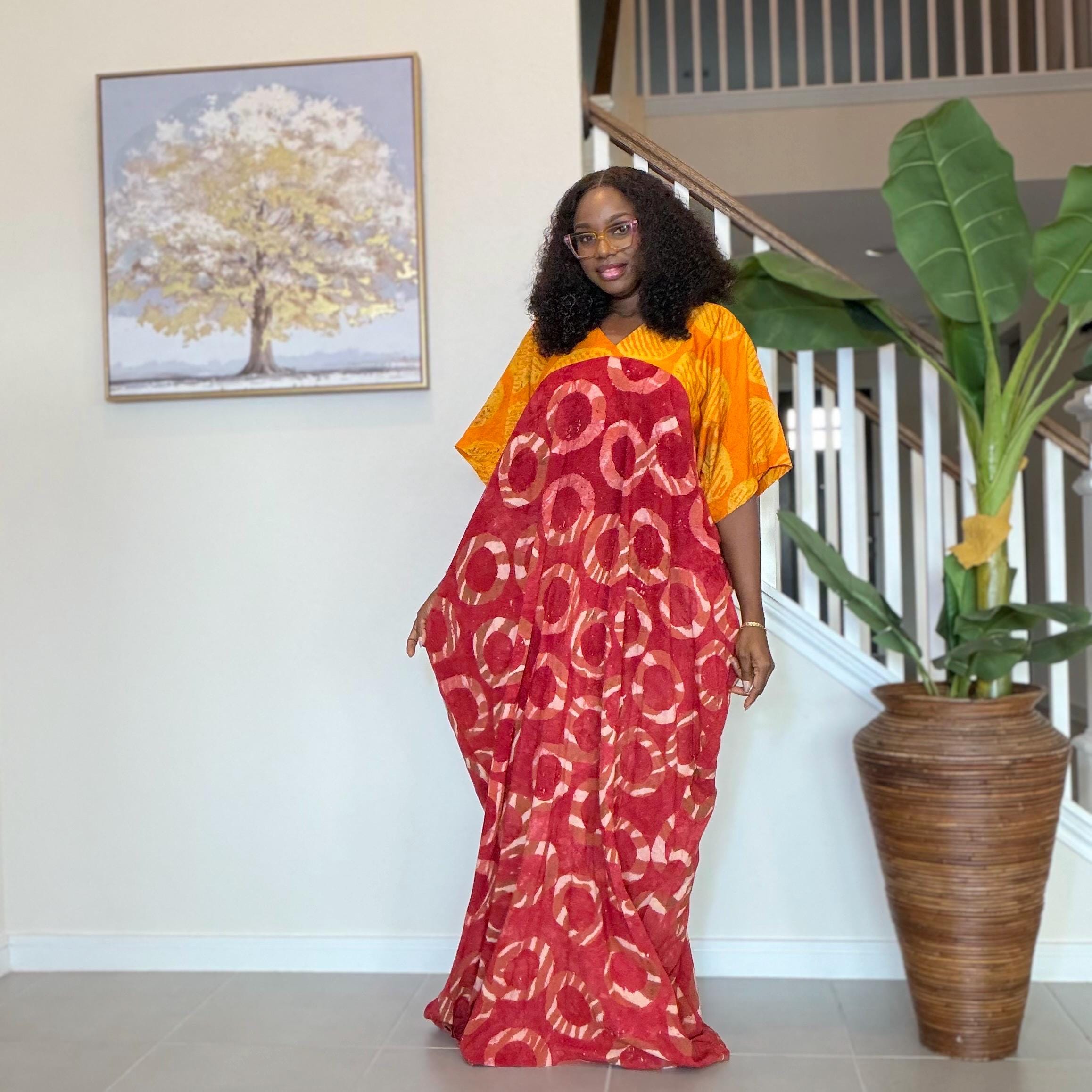 African Kaftan Dress, Red Yellow Adire Batik, Loose Boubou Gown