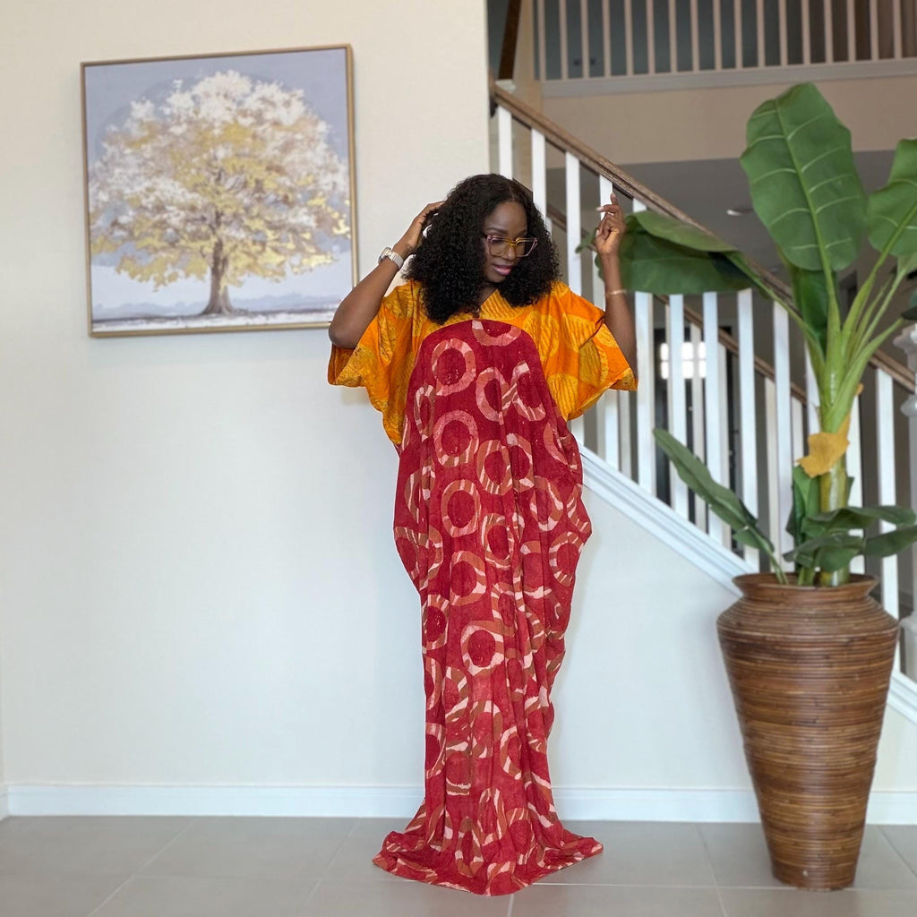 African Kaftan Dress, Red Yellow Adire Batik, Loose Boubou Gown