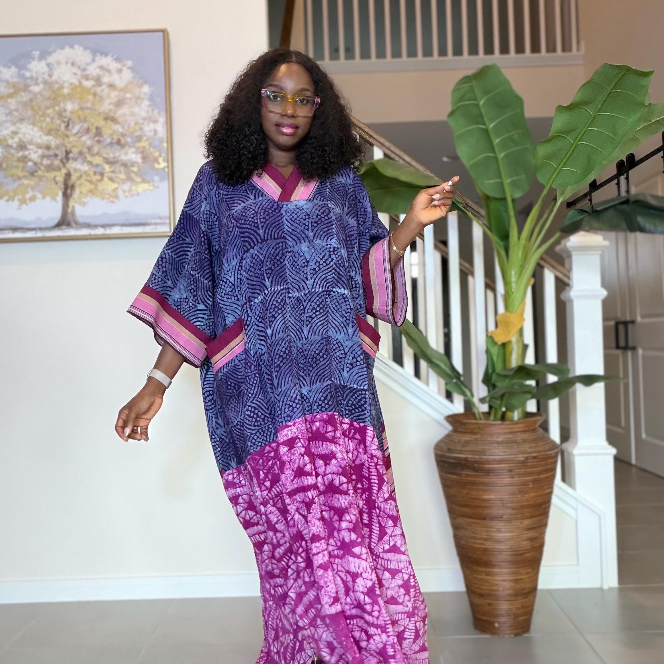 Handmade Adire Maxi Dress, Nigerian Tie Dye Kaftan, Boho African Clothing