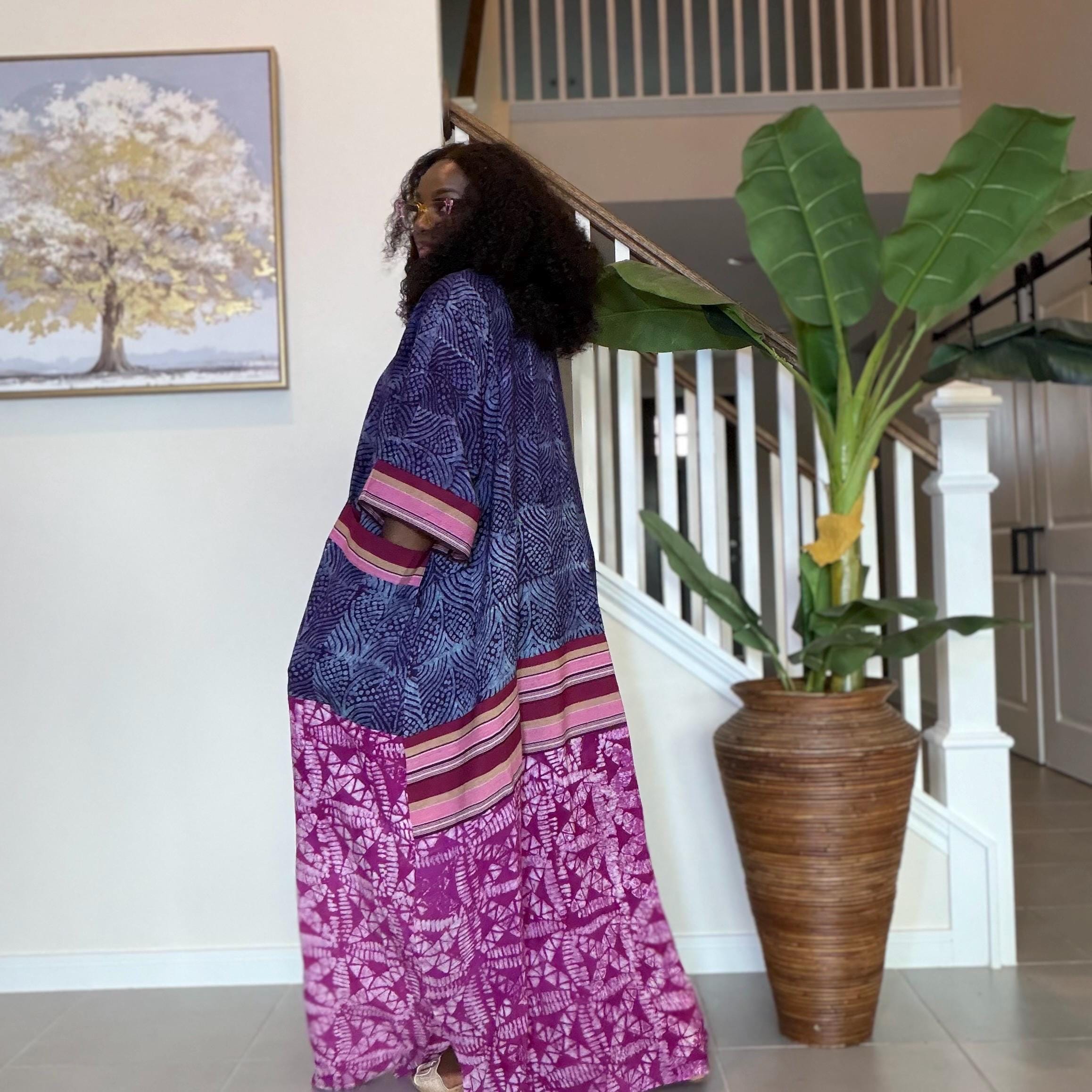 Handmade Adire Maxi Dress, Nigerian Tie Dye Kaftan, Boho African Clothing