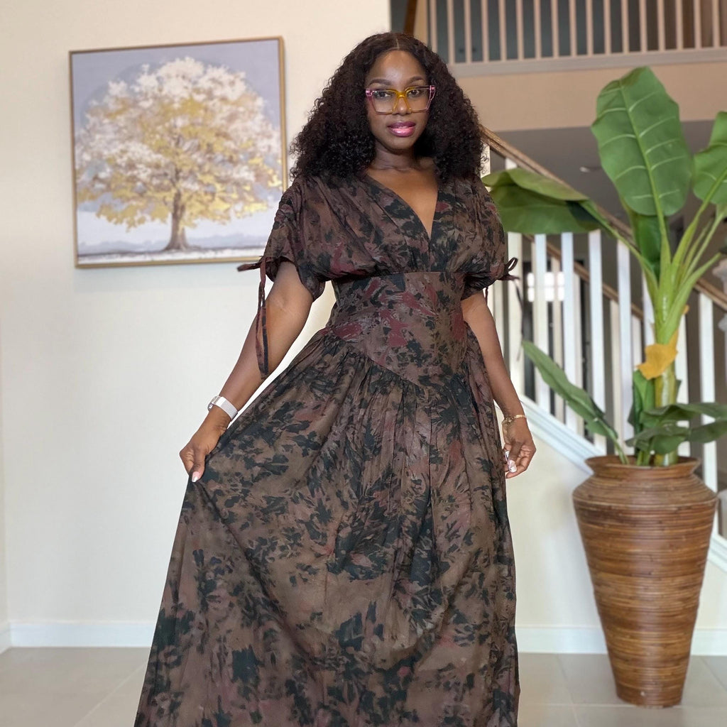 Handmade African Maxi Dress: Brown Tie-Dye Adire Gown