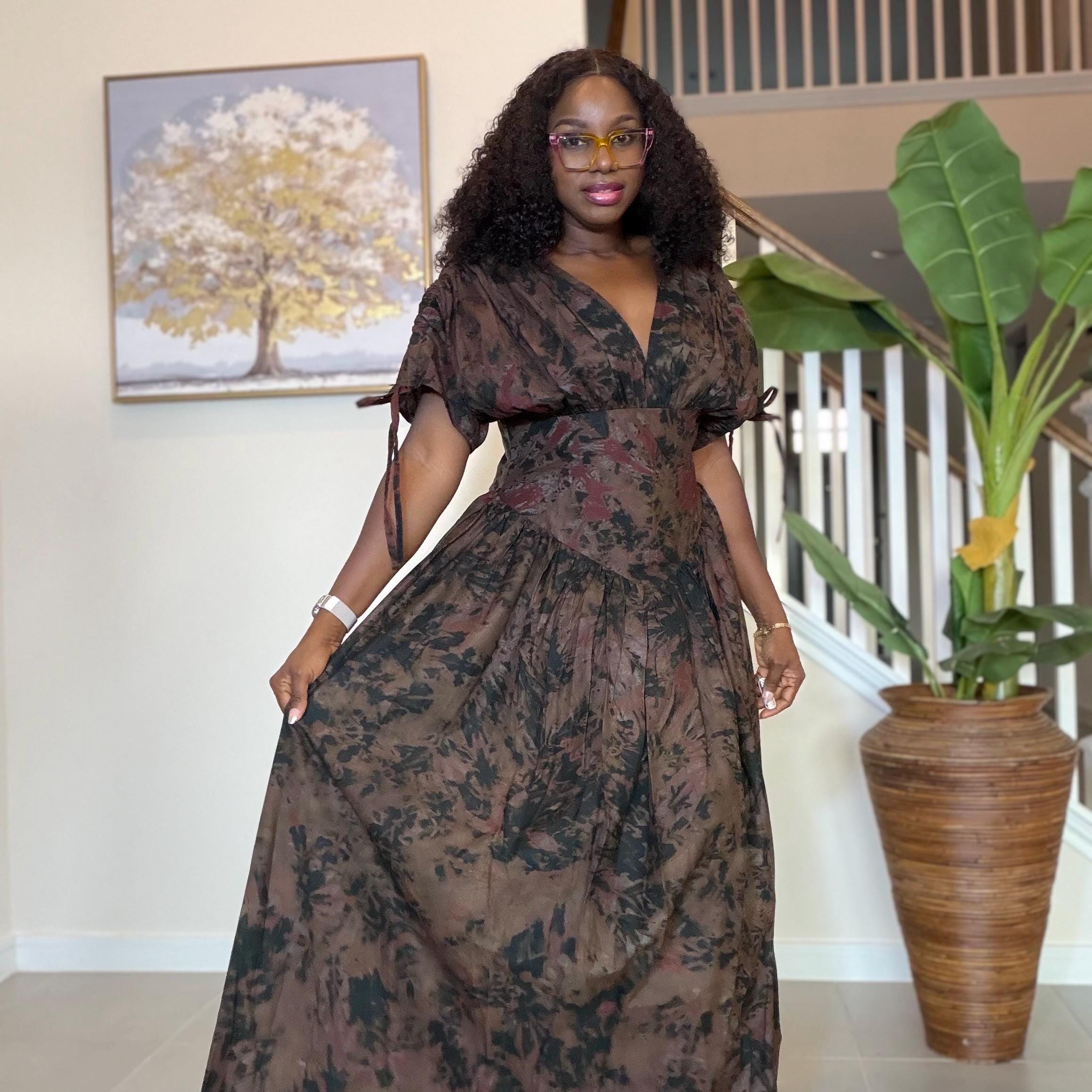 Handmade African Maxi Dress: Brown Tie-Dye Adire Gown