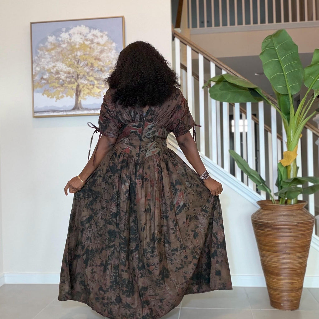 Handmade African Maxi Dress: Brown Tie-Dye Adire Gown