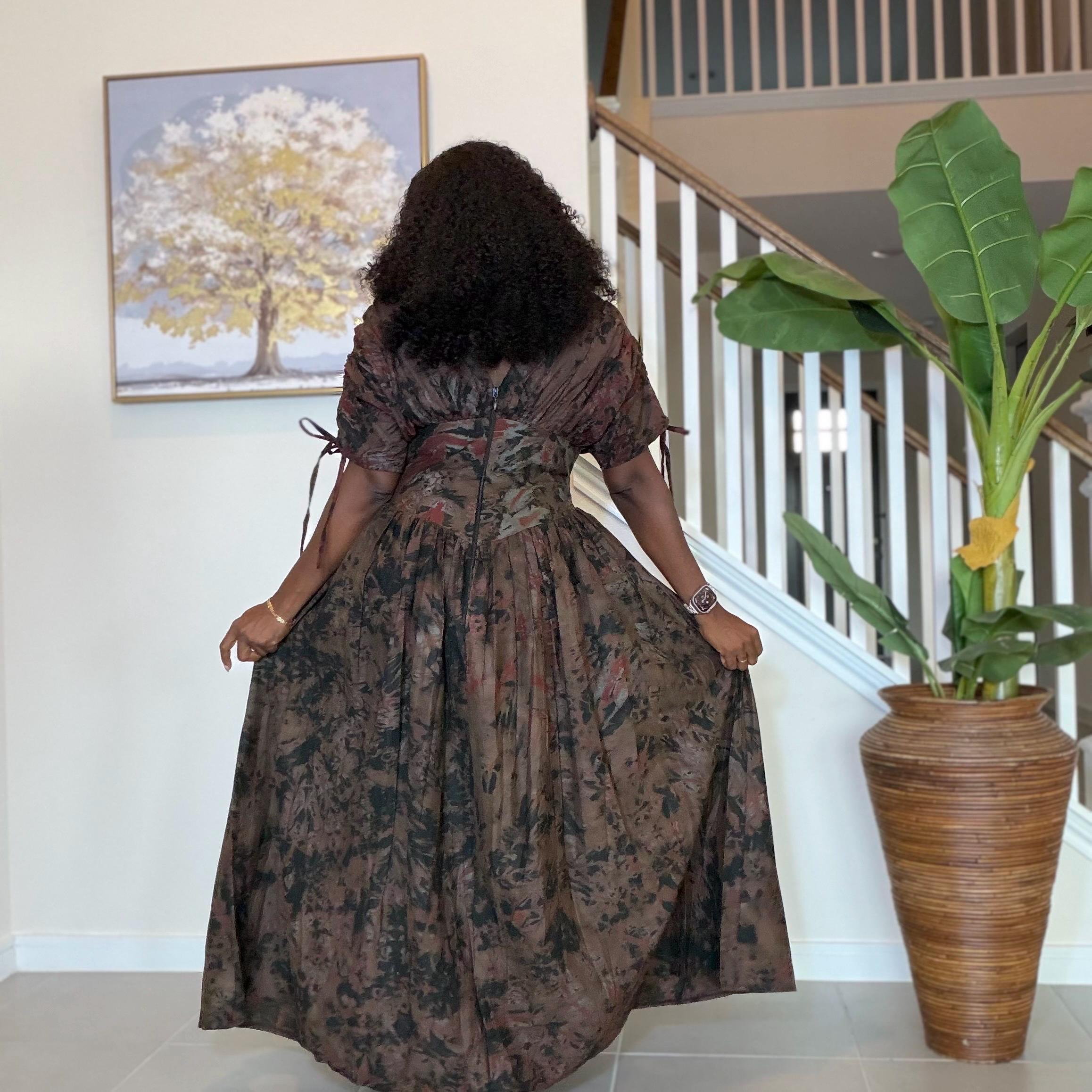 Handmade African Maxi Dress: Brown Tie-Dye Adire Gown