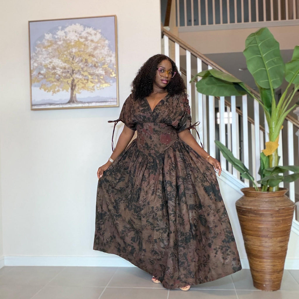 Handmade African Maxi Dress: Brown Tie-Dye Adire Gown