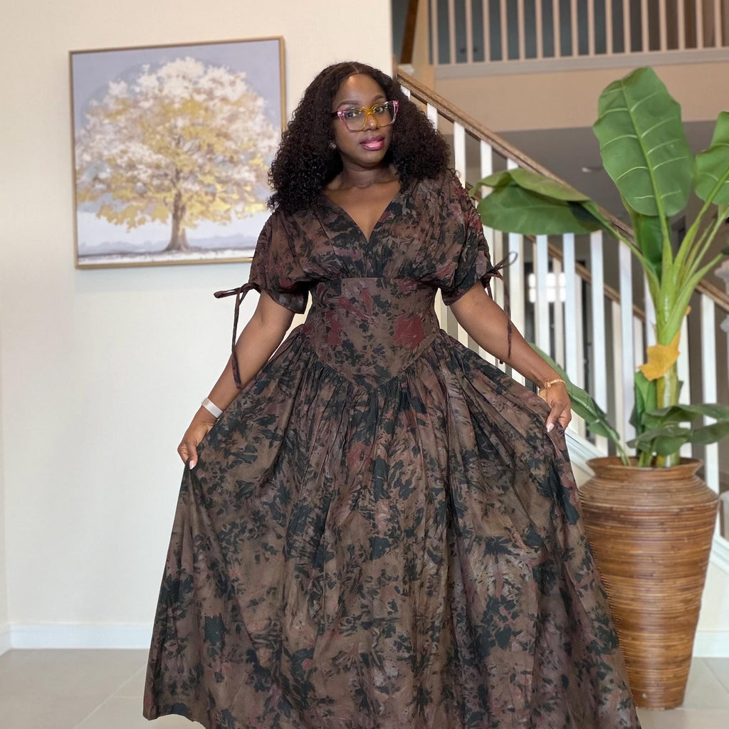 Handmade African Maxi Dress: Brown Tie-Dye Adire Gown
