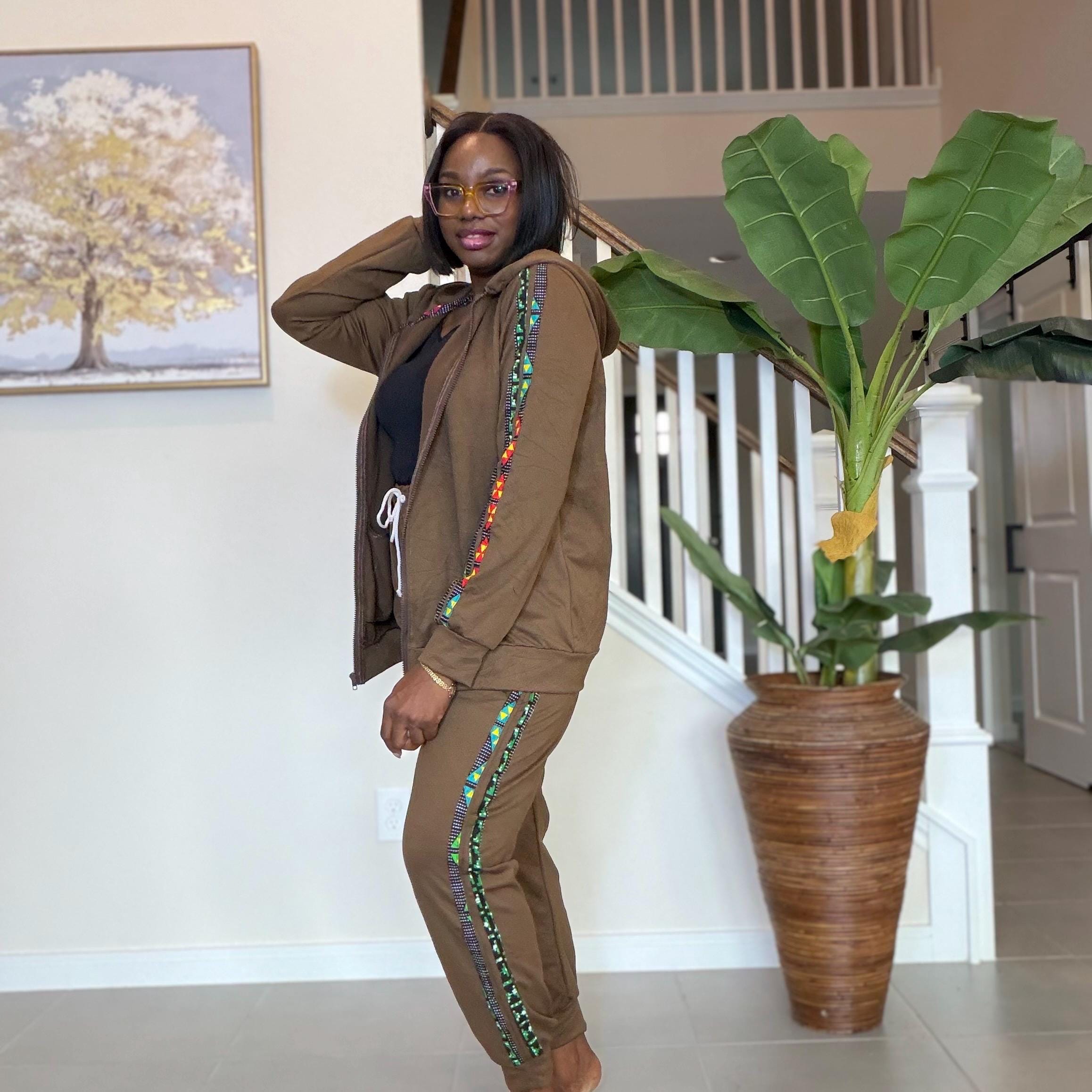 Ankara Trim Tracksuit Set, Brown Loungewear, Two-Piece Outfit