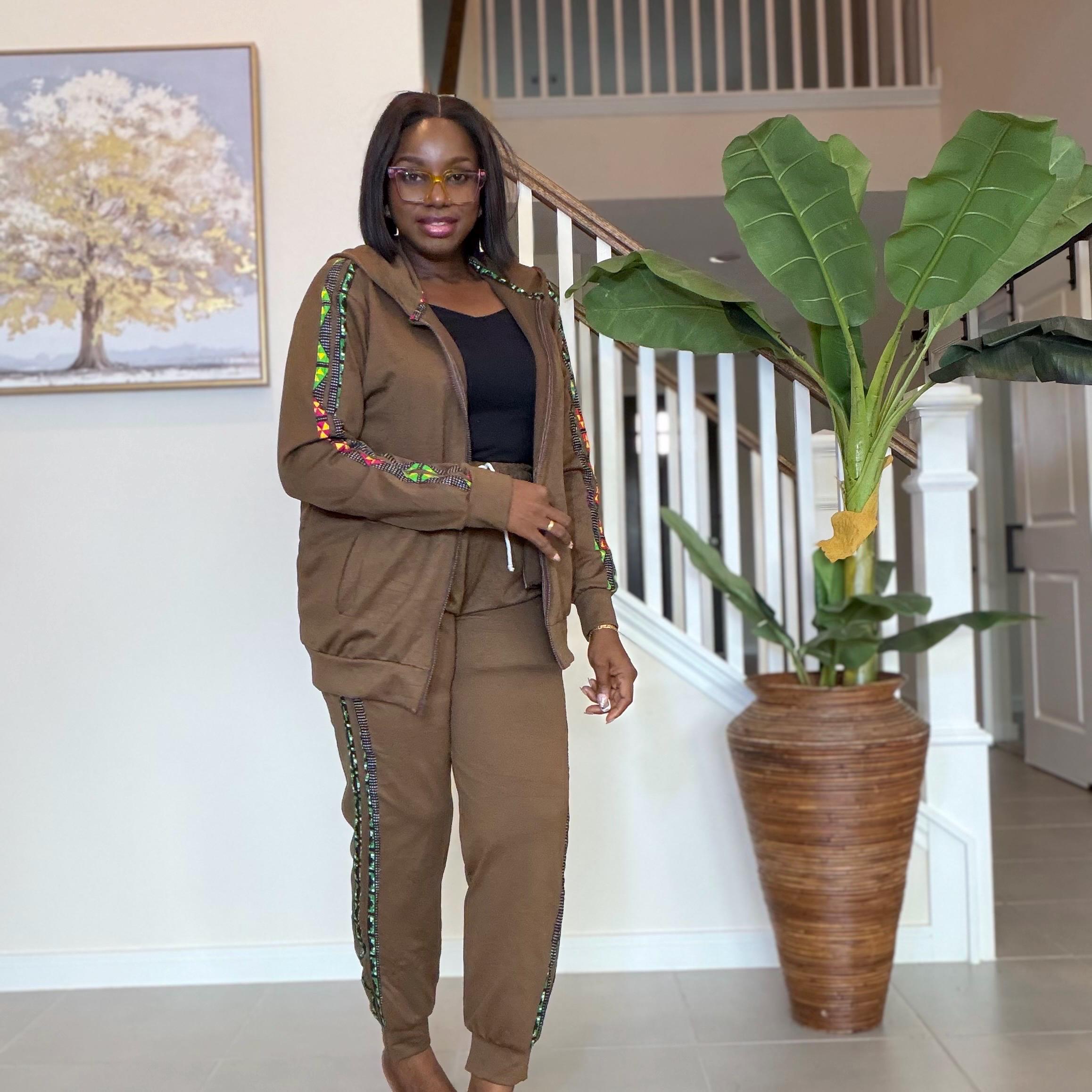 Ankara Trim Tracksuit Set, Brown Loungewear, Two-Piece Outfit