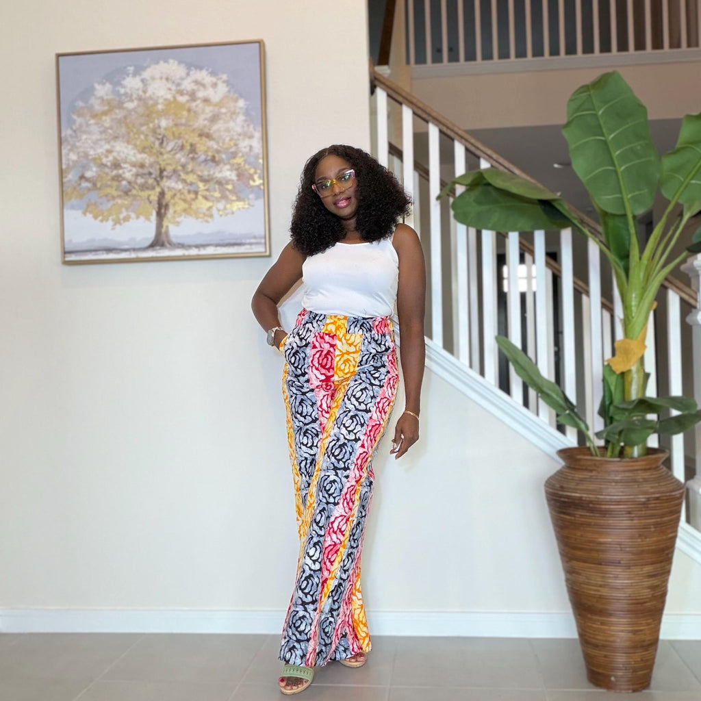 Ankara Wide Leg Pants for Women, African Print High Waist Trousers with Pockets, Colorful Batik Tie Waist Pants, Causal Boho Chic Outfit