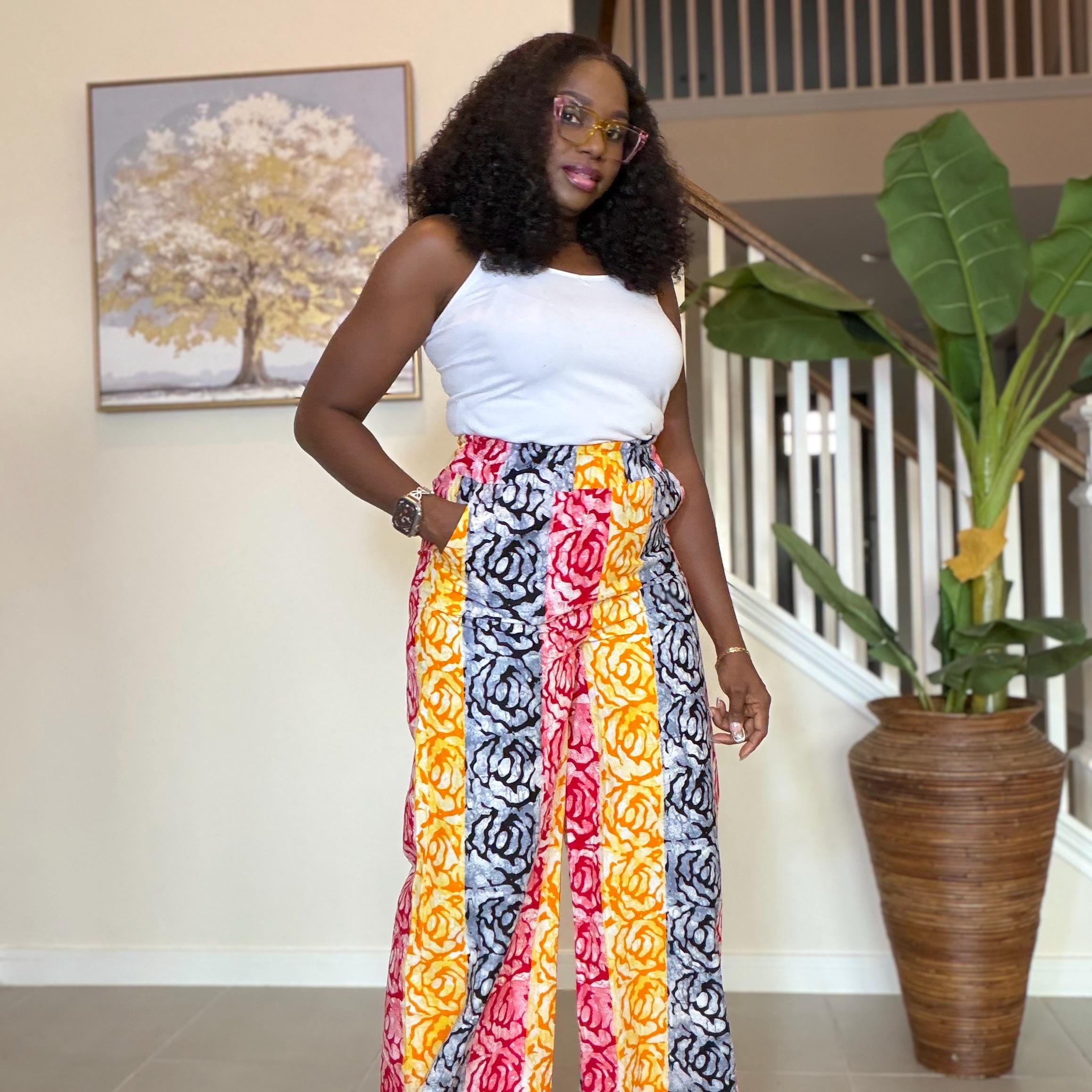 Ankara Wide Leg Pants for Women, African Print High Waist Trousers with Pockets, Colorful Batik Tie Waist Pants, Causal Boho Chic Outfit