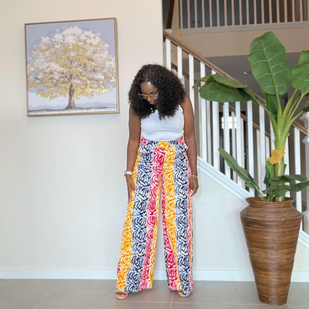 Ankara Wide Leg Pants for Women, African Print High Waist Trousers with Pockets, Colorful Batik Tie Waist Pants, Causal Boho Chic Outfit