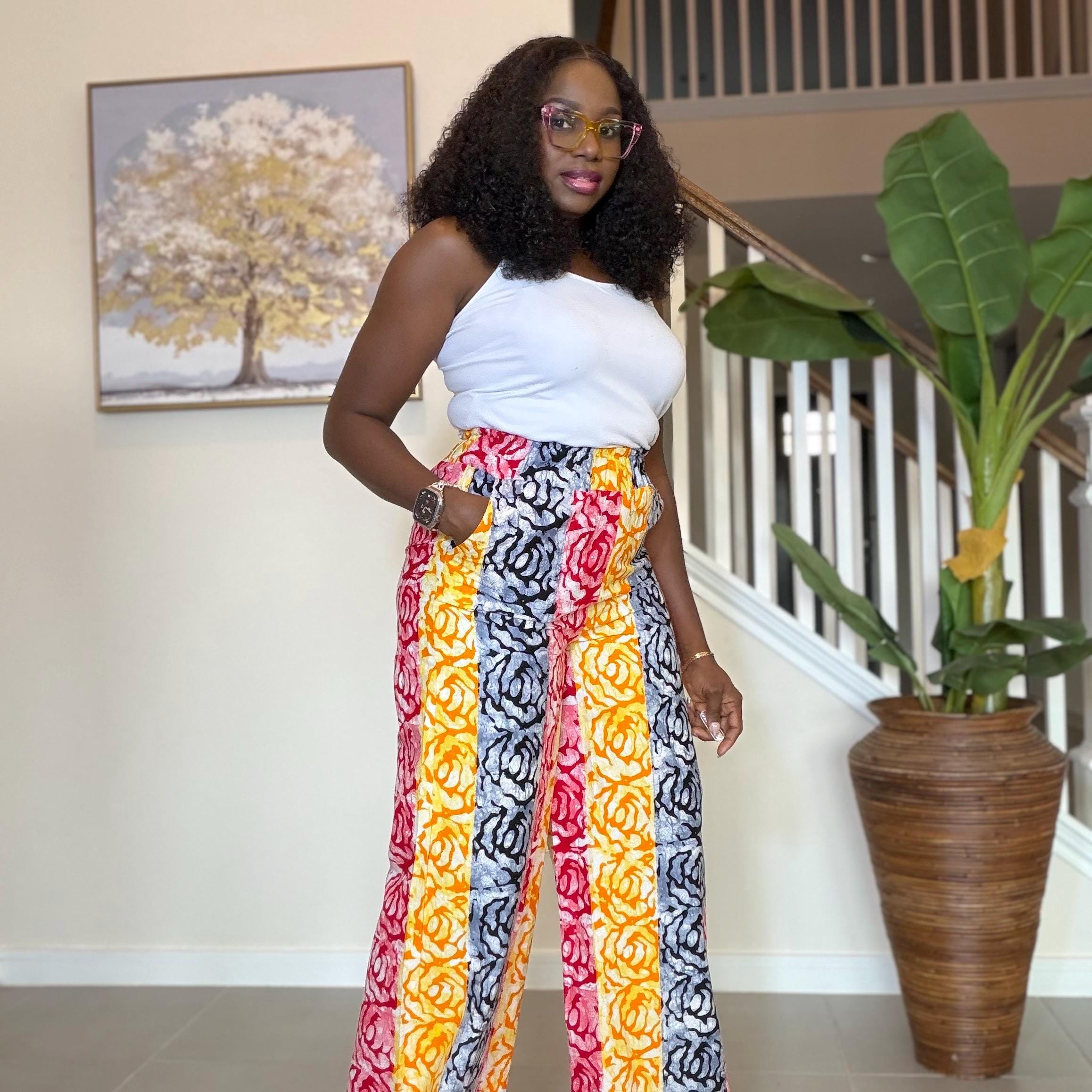 Ankara Wide Leg Pants for Women, African Print High Waist Trousers with Pockets, Colorful Batik Tie Waist Pants, Causal Boho Chic Outfit