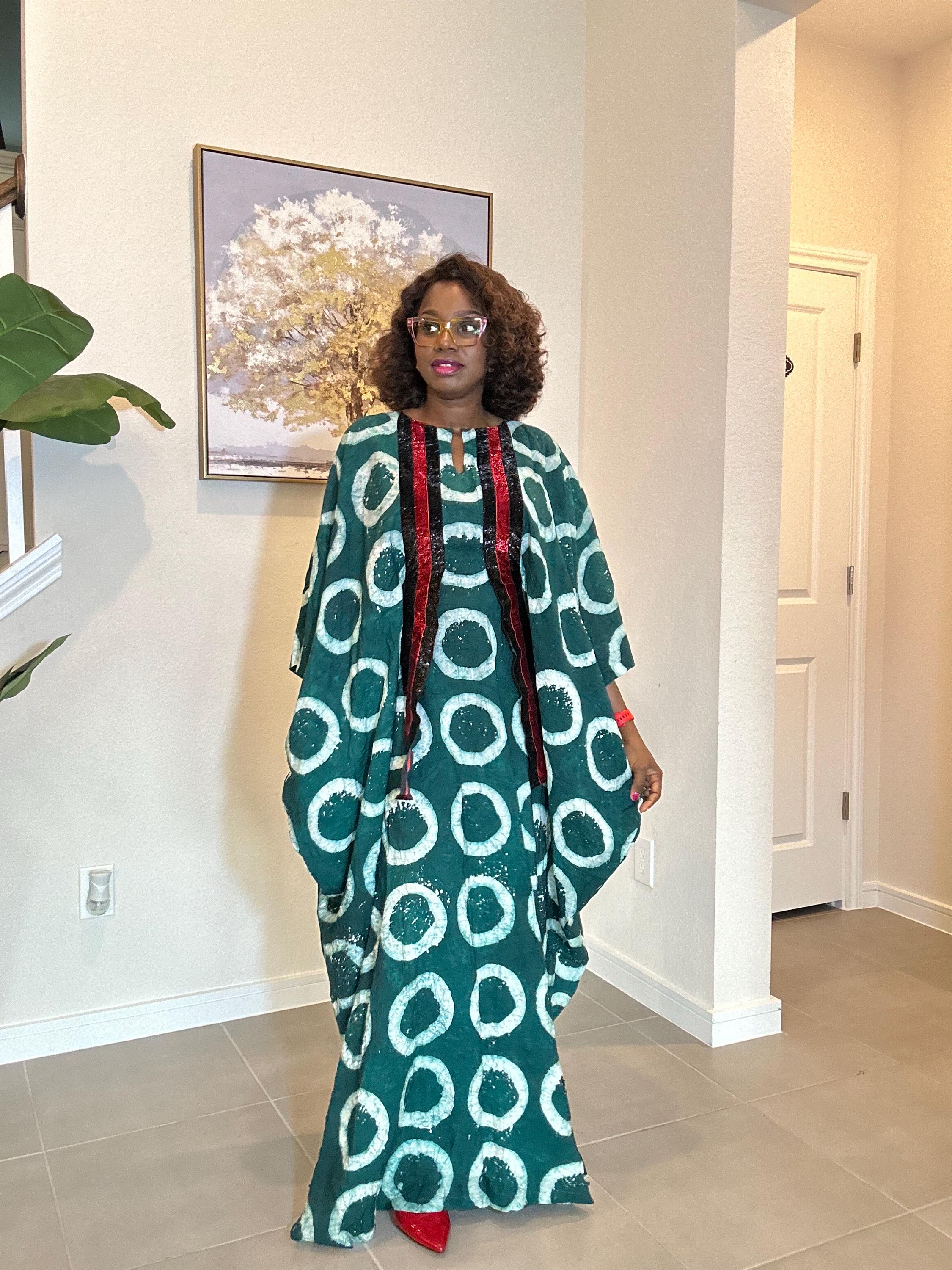 Handmade Green Adire Kaftan Dress, African Batik Maxi with Red Sequins