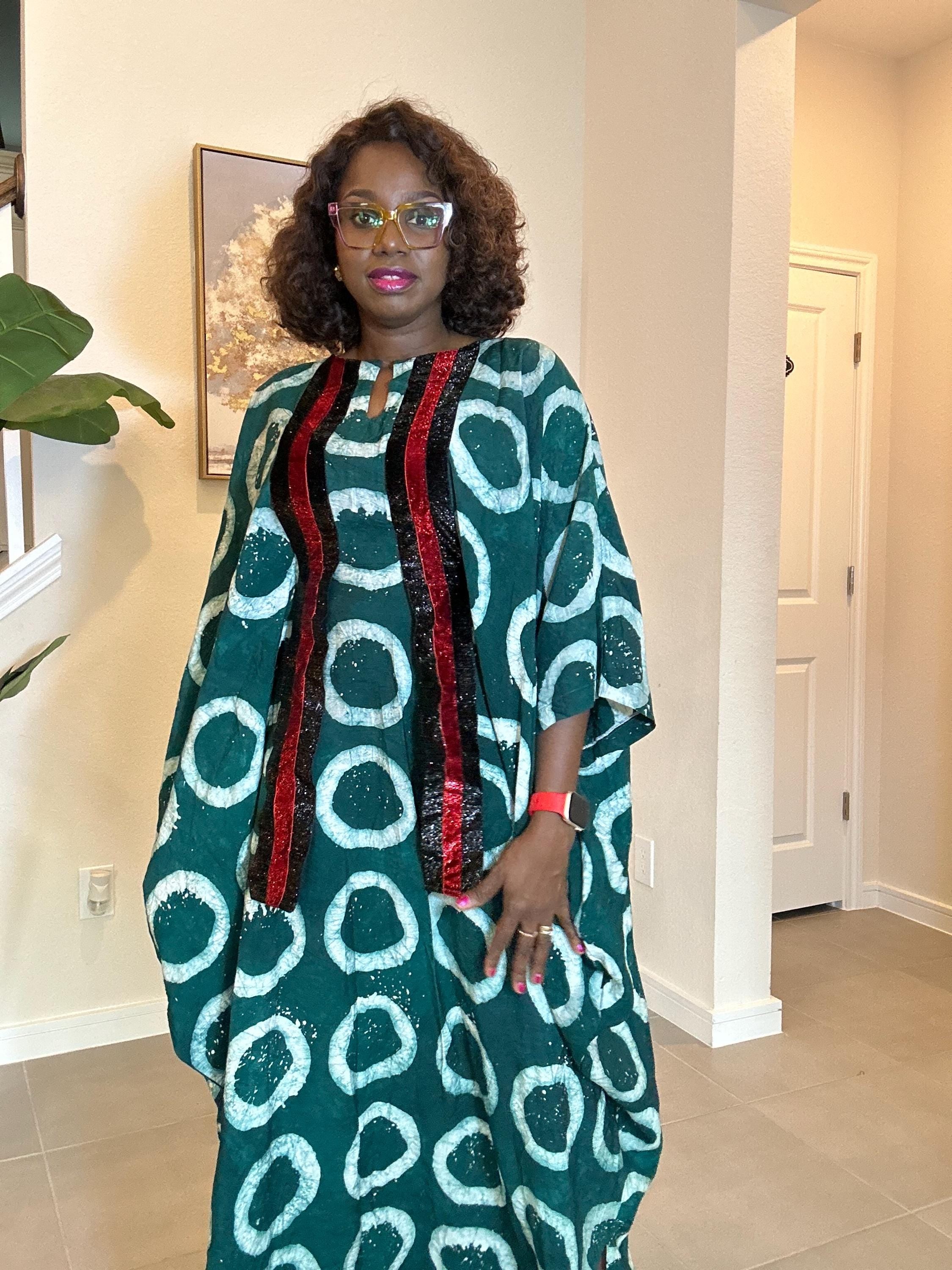 Handmade Green Adire Kaftan Dress, African Batik Maxi with Red Sequins