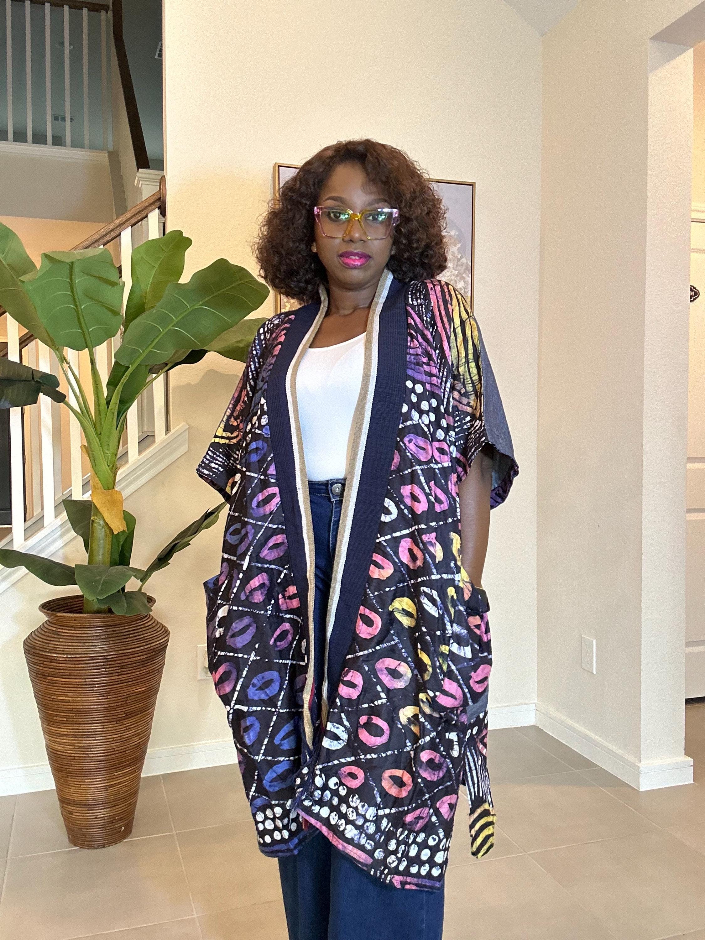 Adire Kimono Jacket | African Print Denim Robe, Open Front