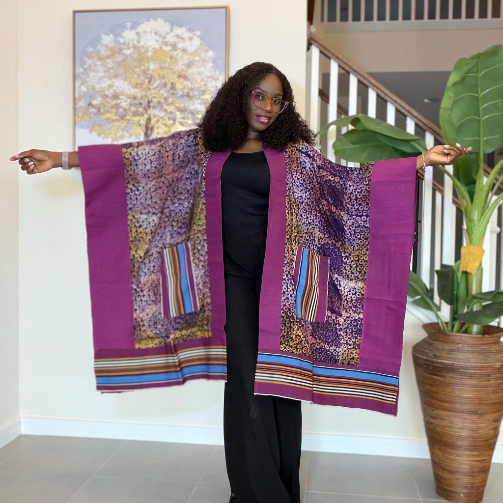 Handmade African Adire Aso Oke Kimono: Boho Print Robe