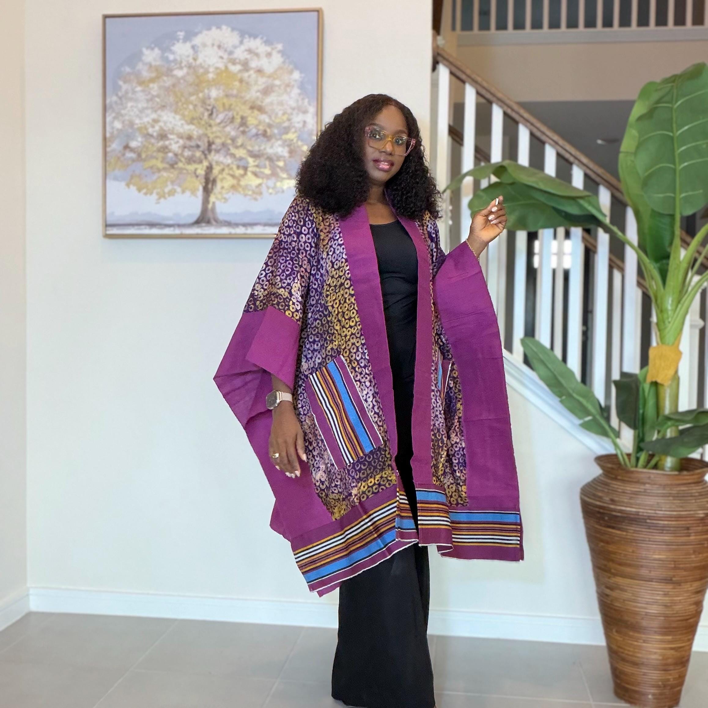 Handmade African Adire Aso Oke Kimono: Boho Print Robe
