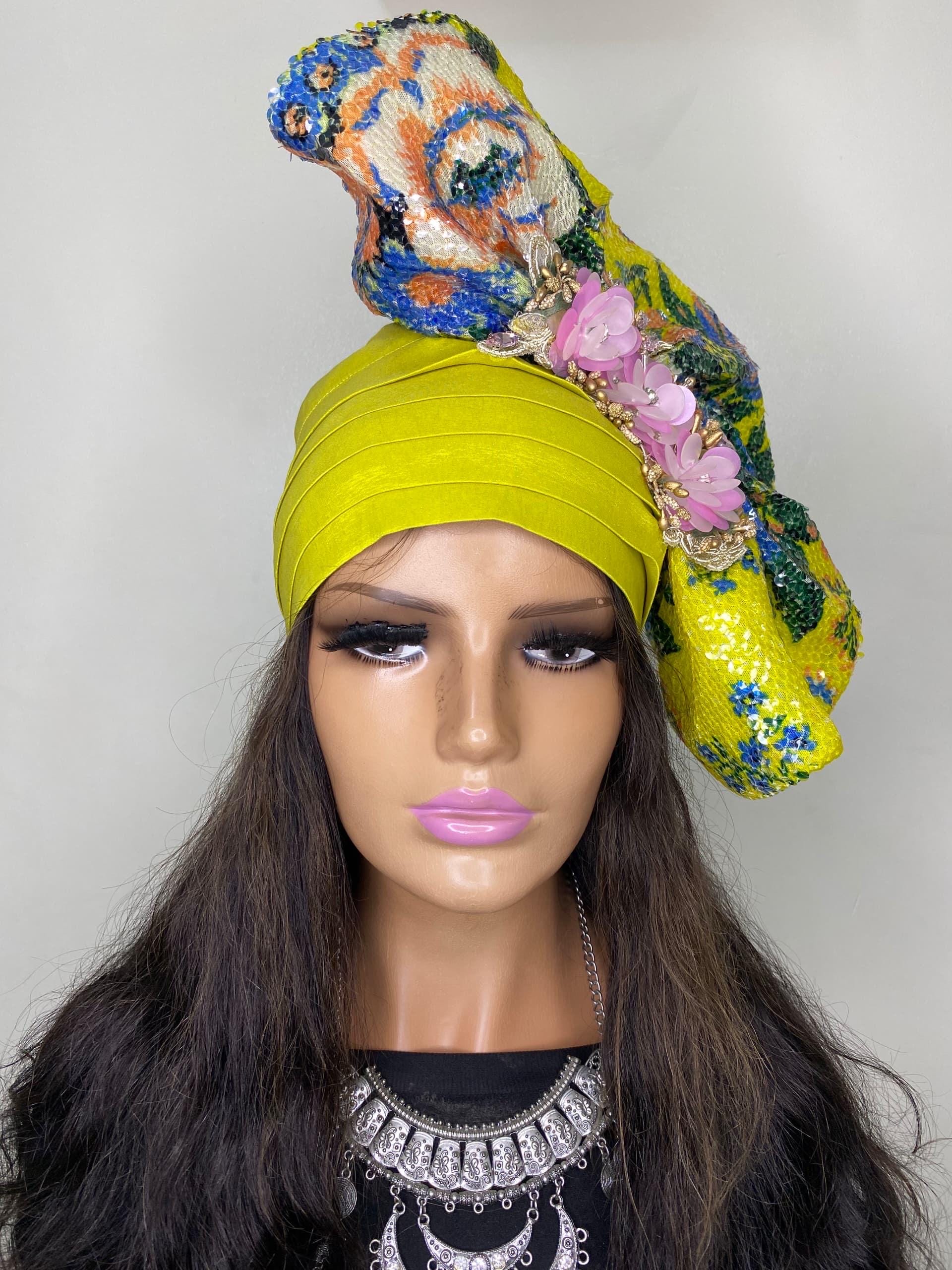 Sequin Flower Appliqué Turban | Elegant African Gele Headwrap