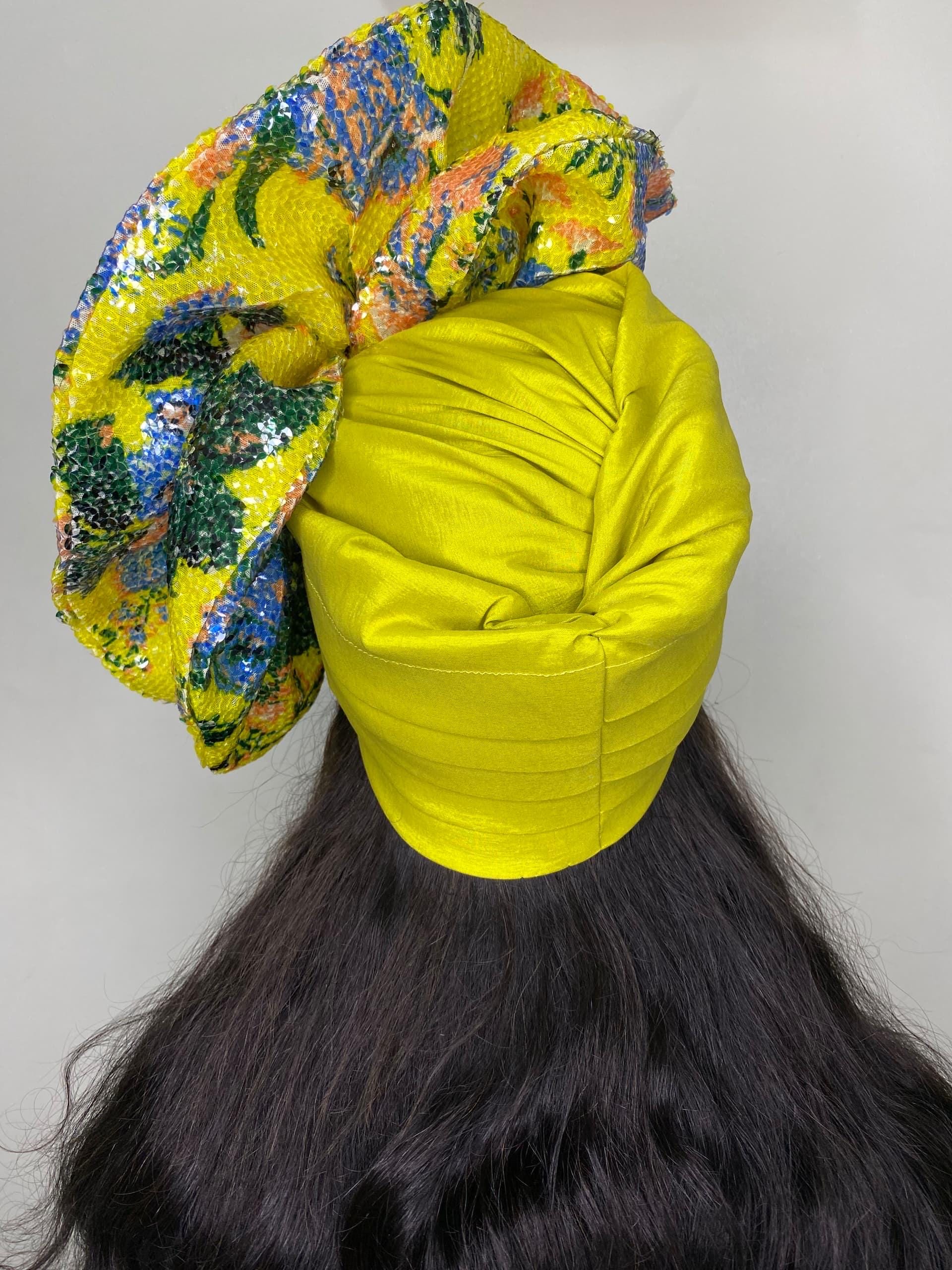 Sequin Flower Appliqué Turban | Elegant African Gele Headwrap