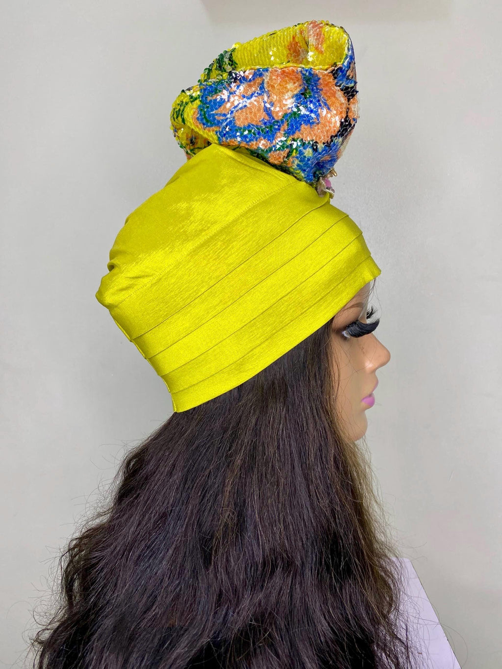 Sequin Flower Appliqué Turban | Elegant African Gele Headwrap